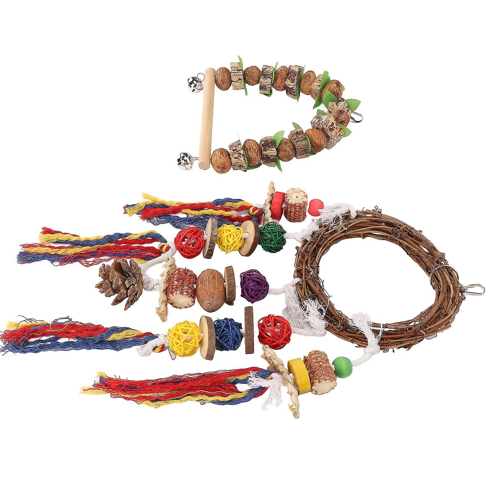 Parrot Chewing and Climbing Toys Wood Block Nuts Rattan Corn Cobs Cotton Rope Colorful Bird Chew Swing Hanging Ring Toys 