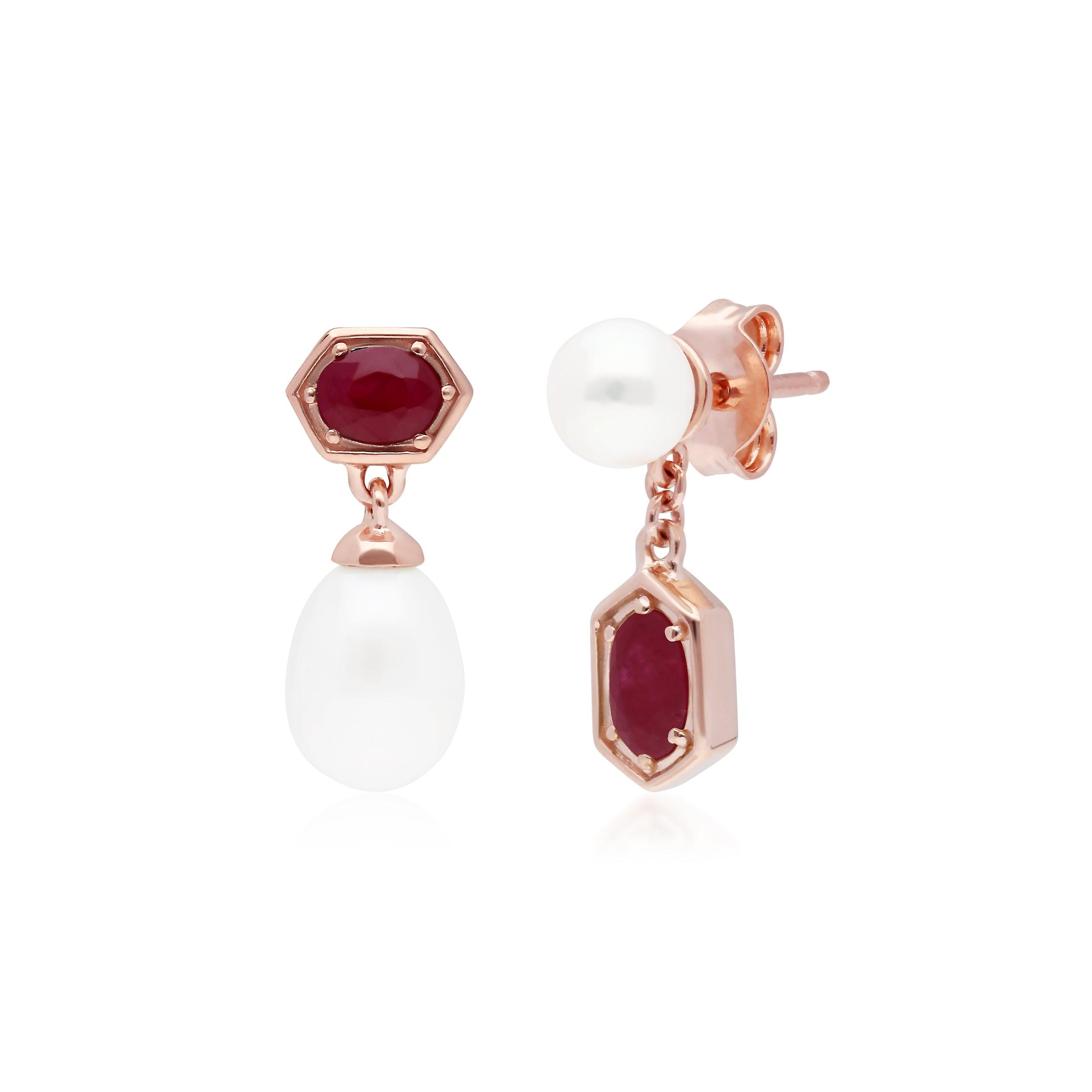 Modern Pearl & Ruby Mismatched Drop Earrings in Rose Gold Plated Sterling Silver 270E030402925