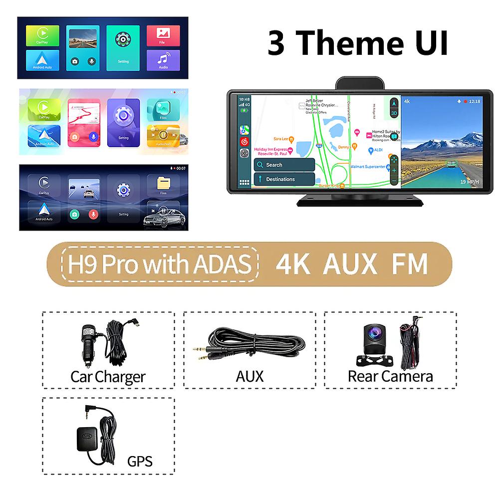 10.26" Wireless CarPlay & Android Auto Dash Cam ADAS Touch Screen 4K DVRs GPS Navigation Dashboard Video Recorder 24H Park AUX