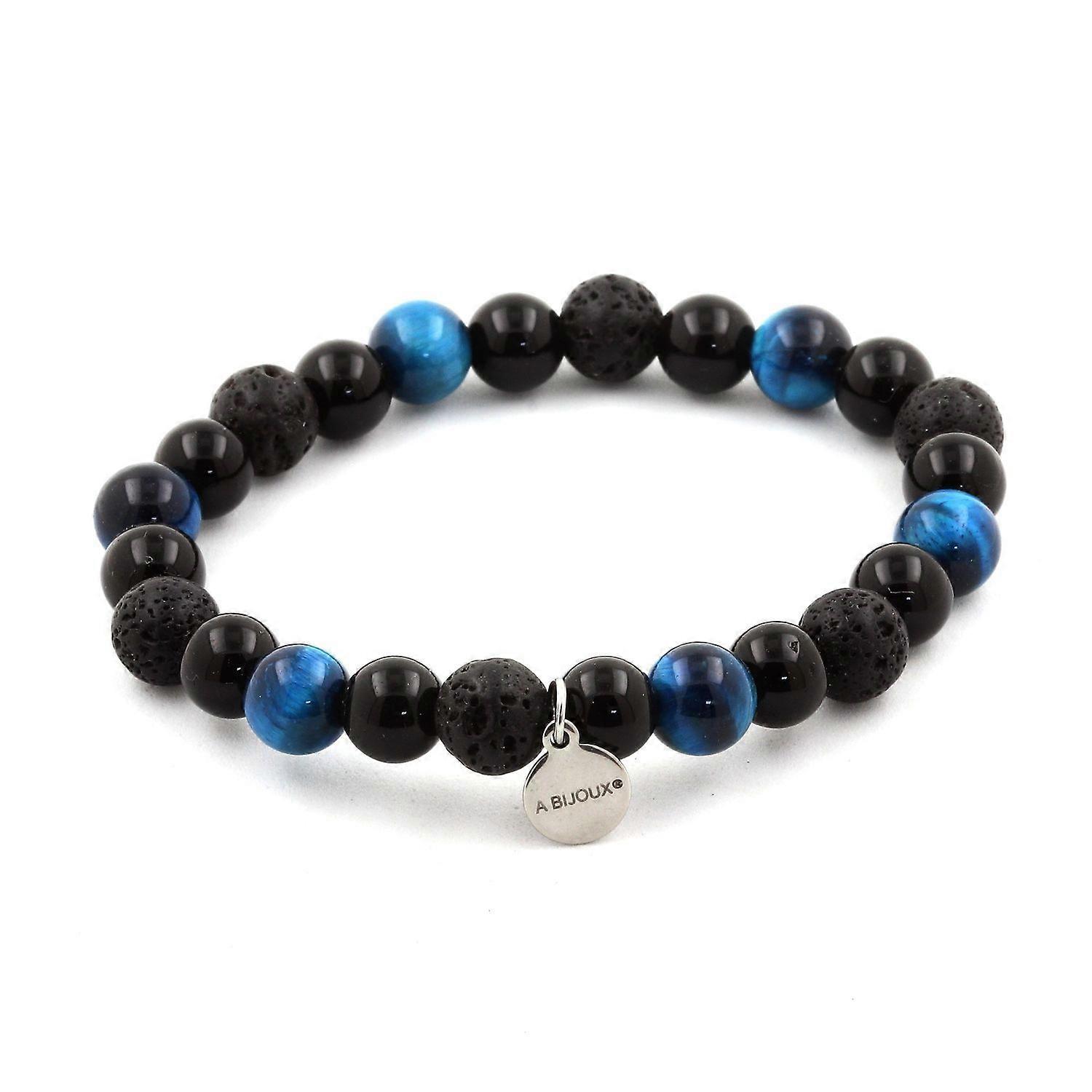 Light Blue Tiger Eye Beads Bracelet + Lava + Black Agate 8 mm