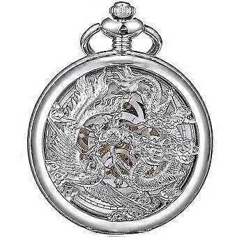 Retro Men's Pocket Watch With Chain, Analogue Hand Winding Dragon, Phoenix, Skeleton, Roman