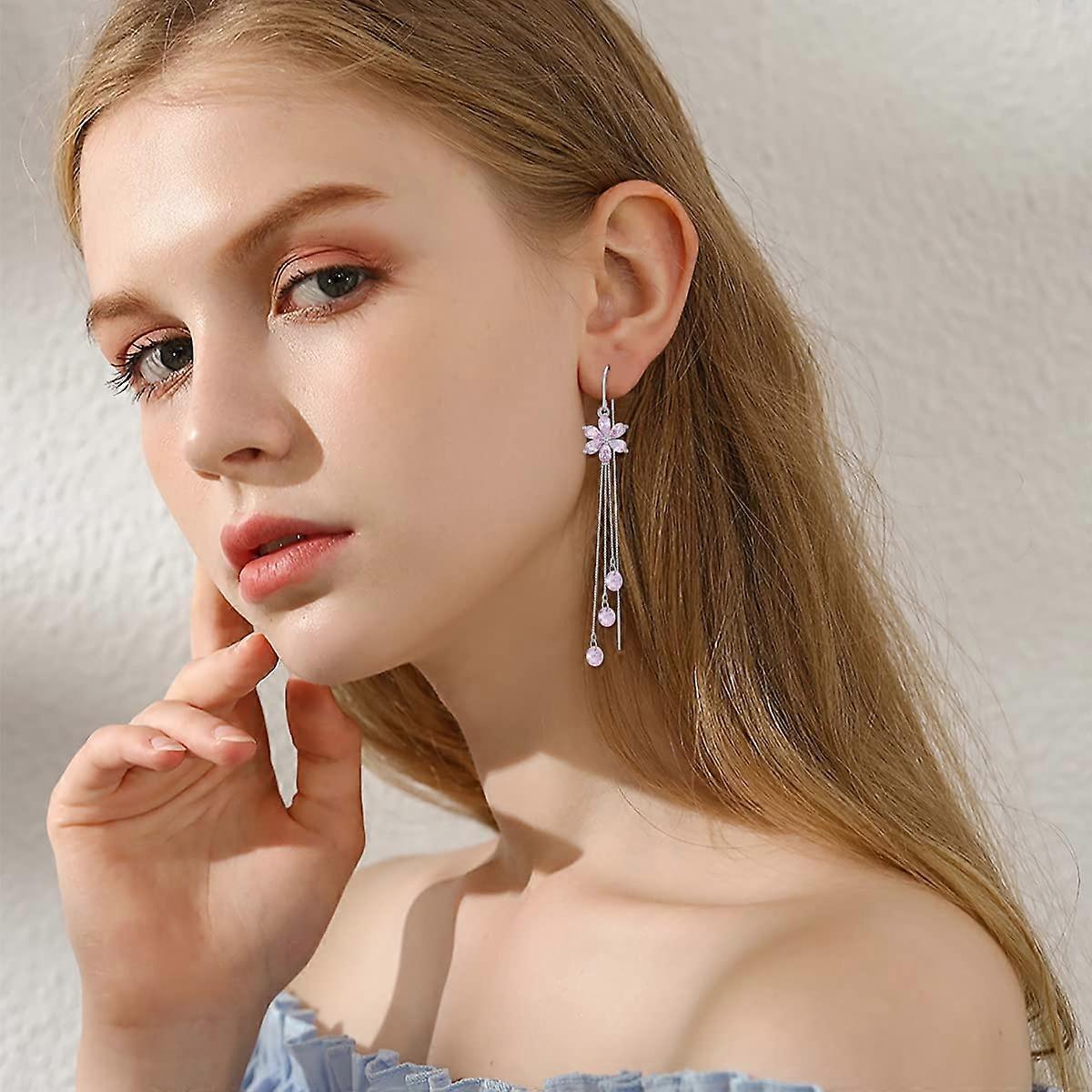 Daisy Chain Threader Earrings in Sterling Silver, Daisy Flower With
