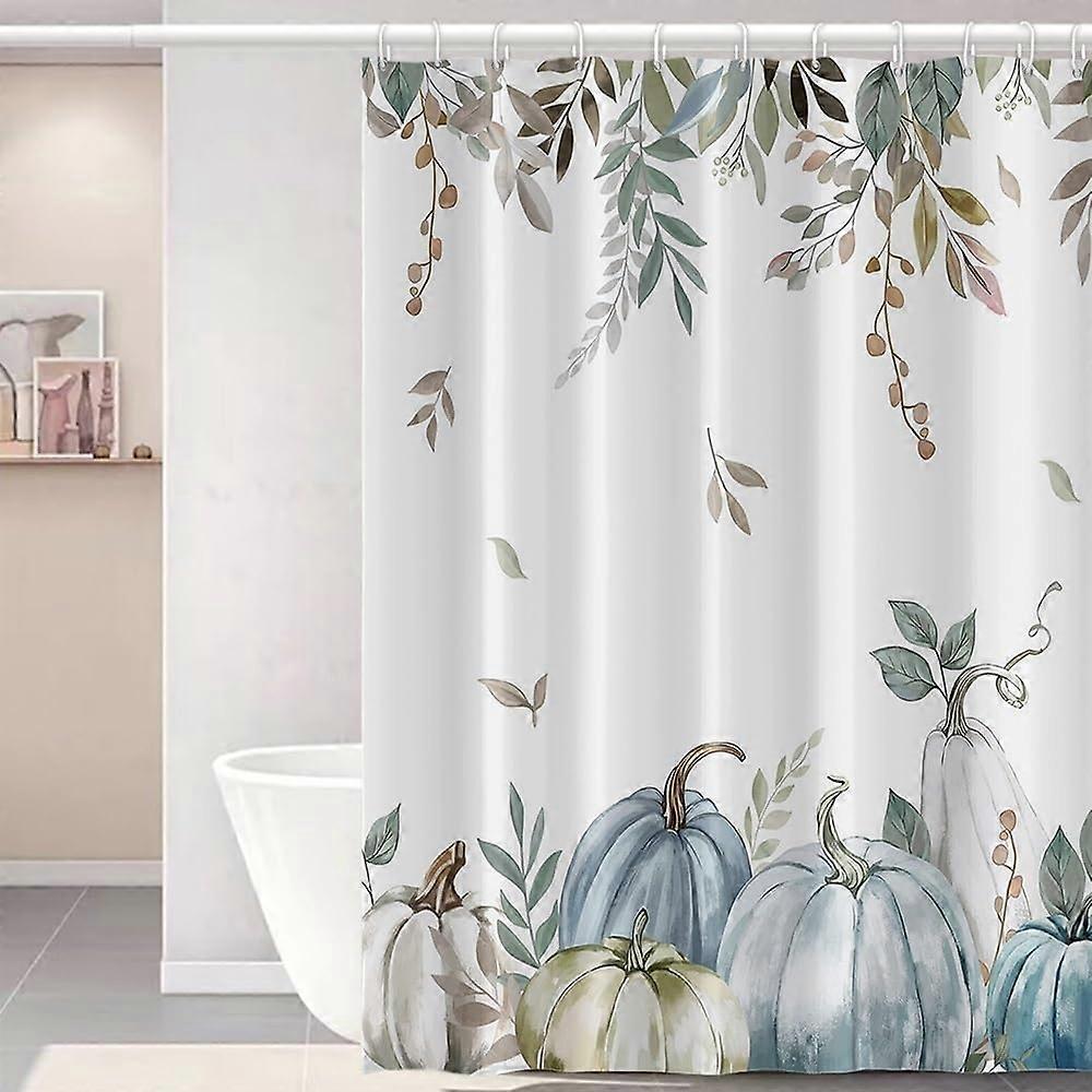 Blue White Harvest Pumpkins Shower Curtain for Bathroom 72x84inches Top Hanging Eucalyptus Leaves Shower Curtain Set with Hooks Fall Thanksgiving Wate
