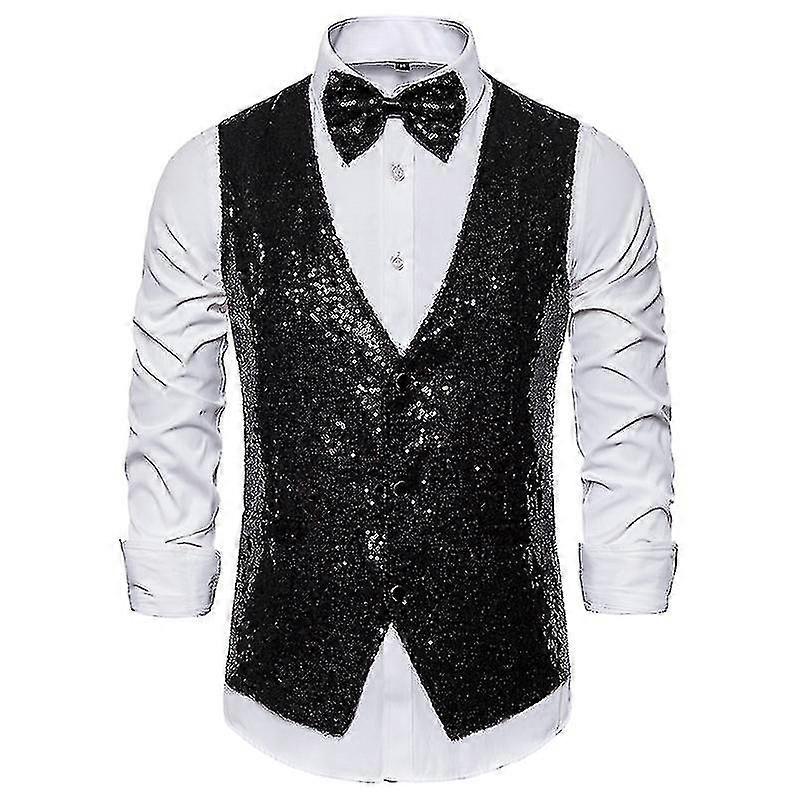 Herren Paillettenweste Shiny Anzug Weste V-Ausschnitt Party Kleid Weste mit Fliege