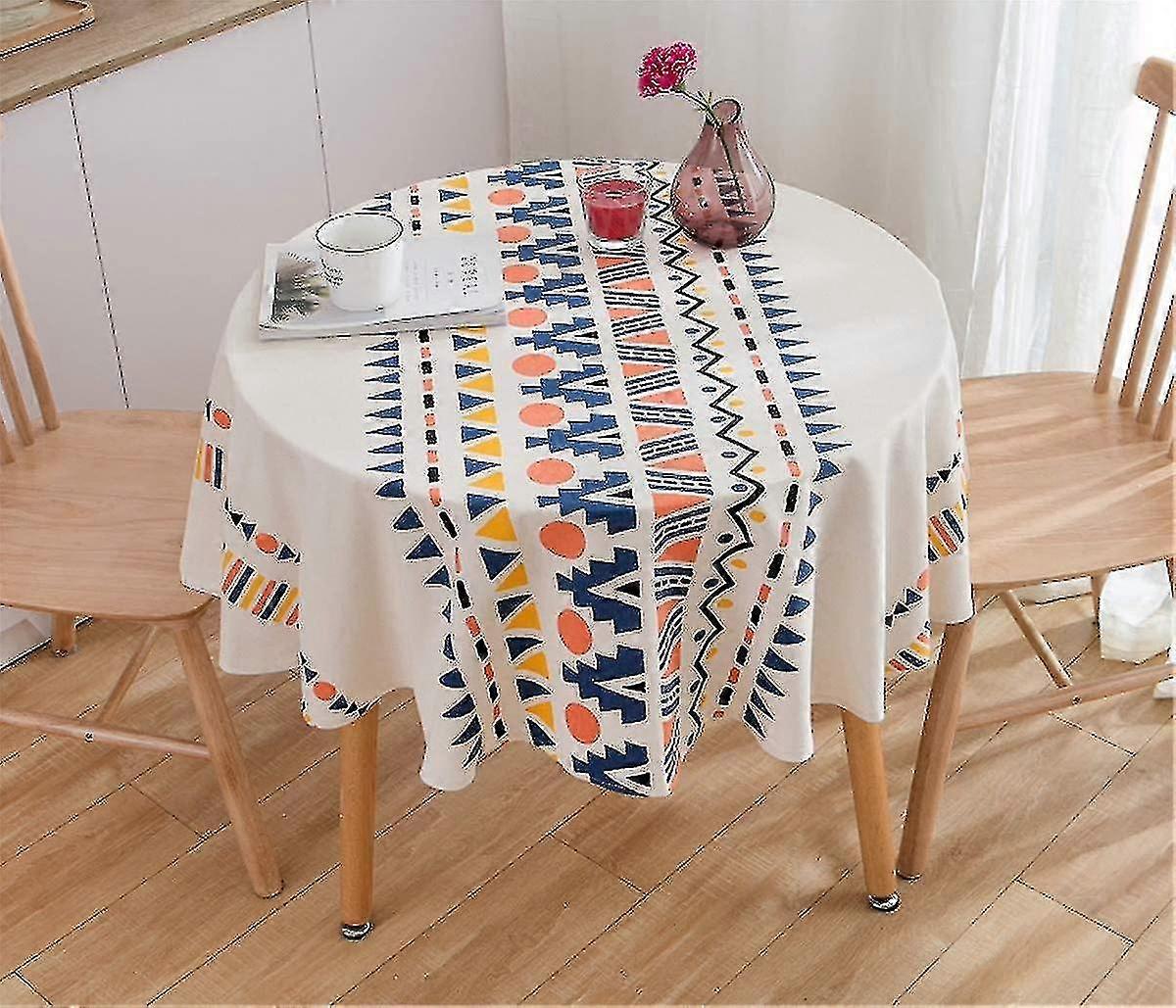 Multicolor Geometry Table Cover - Cotton Linen Round Desk Protector
