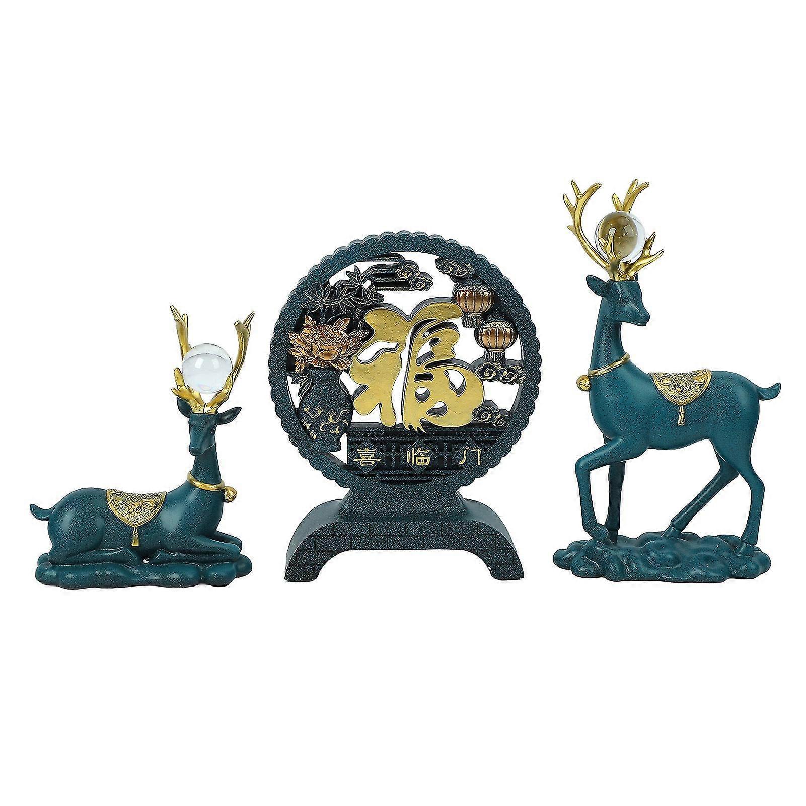 Set di 3 figurine di cervo fortunato dipinto a mano - Squisita statua in resina da intaglio per libreria, supporto TV, corridoio (blu)