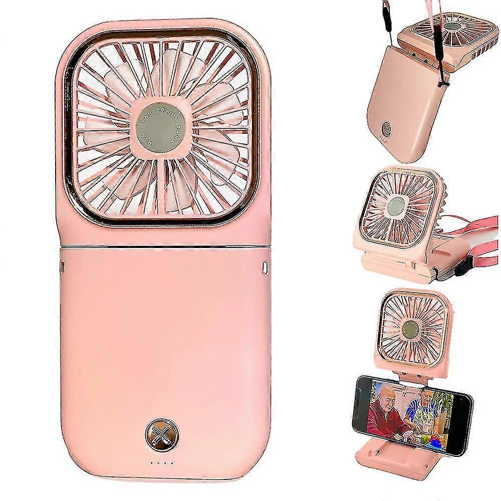 Personal Handheld Travel Fan With Power Bank - Convenient Portable Phone Charger, Usb Rechargeable Necklace Fan, Powered Desk Fan Ideal For Ca