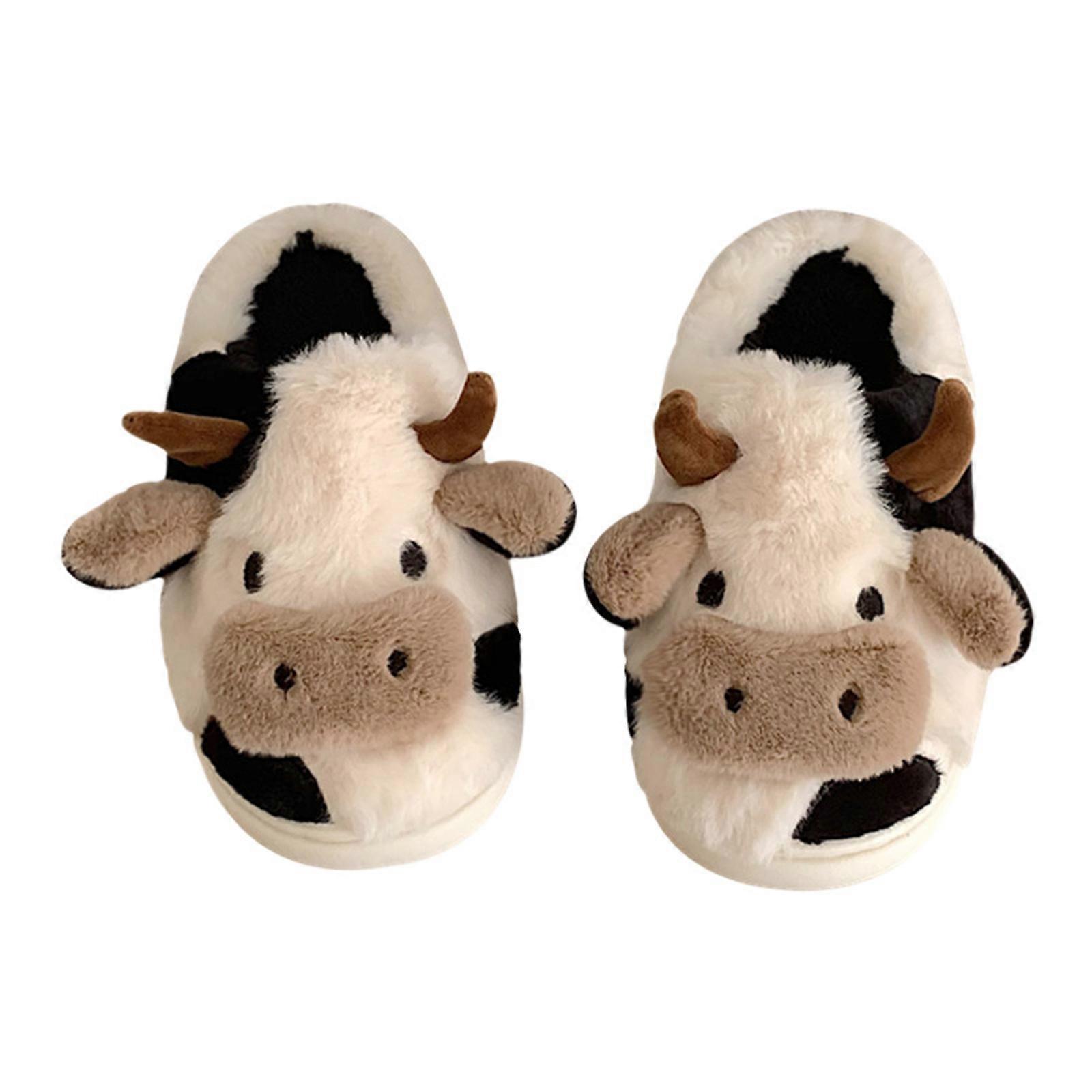 Fuzzy kravské pantofle Roztomilé teplé pantofle Útulné bavlněné boty Zvířecí tvar Slip-On