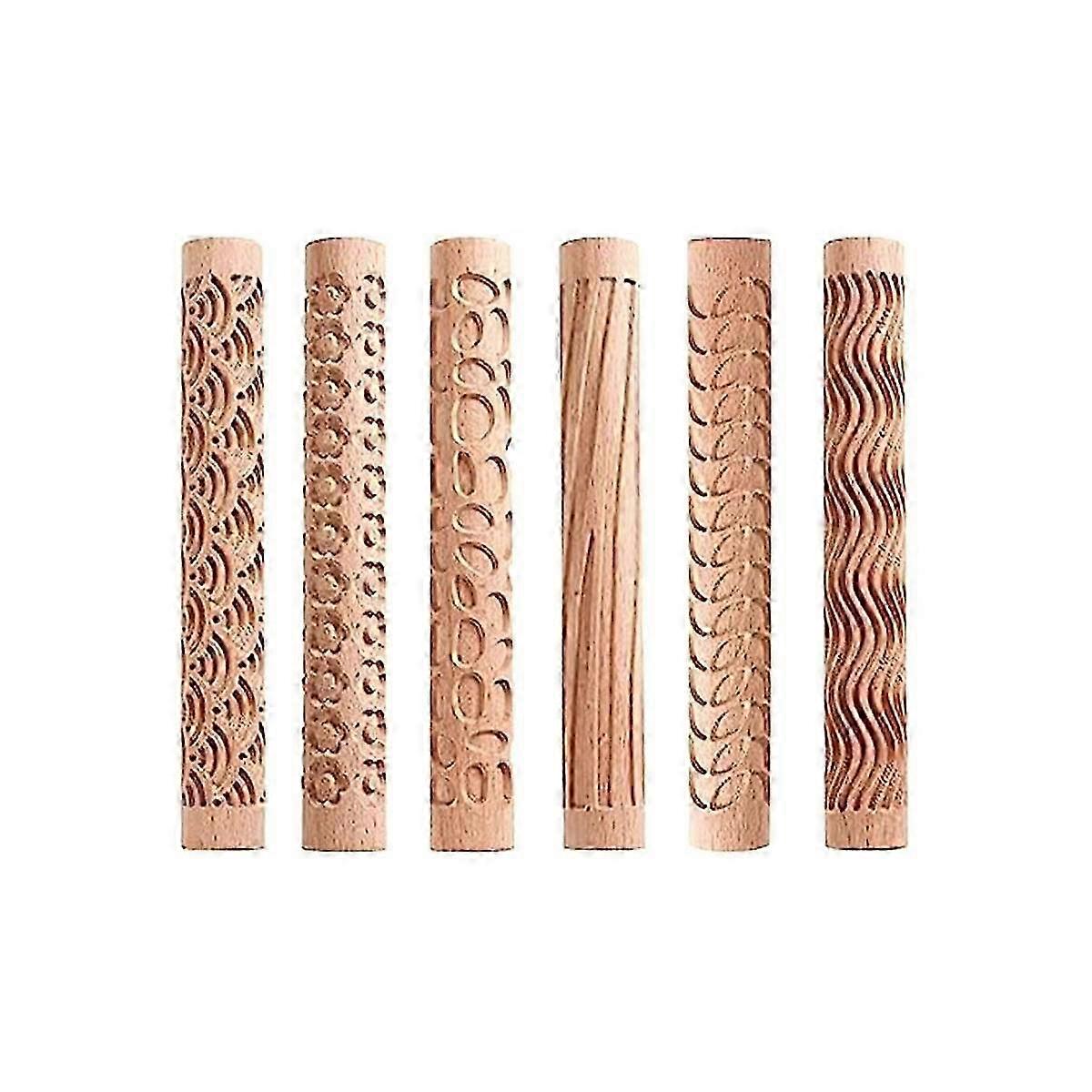 Set of 6 Wood Clay Modeling Pattern Rollers Kit, Clay Rolling Pin Textured Hand Roller Wooden Handl