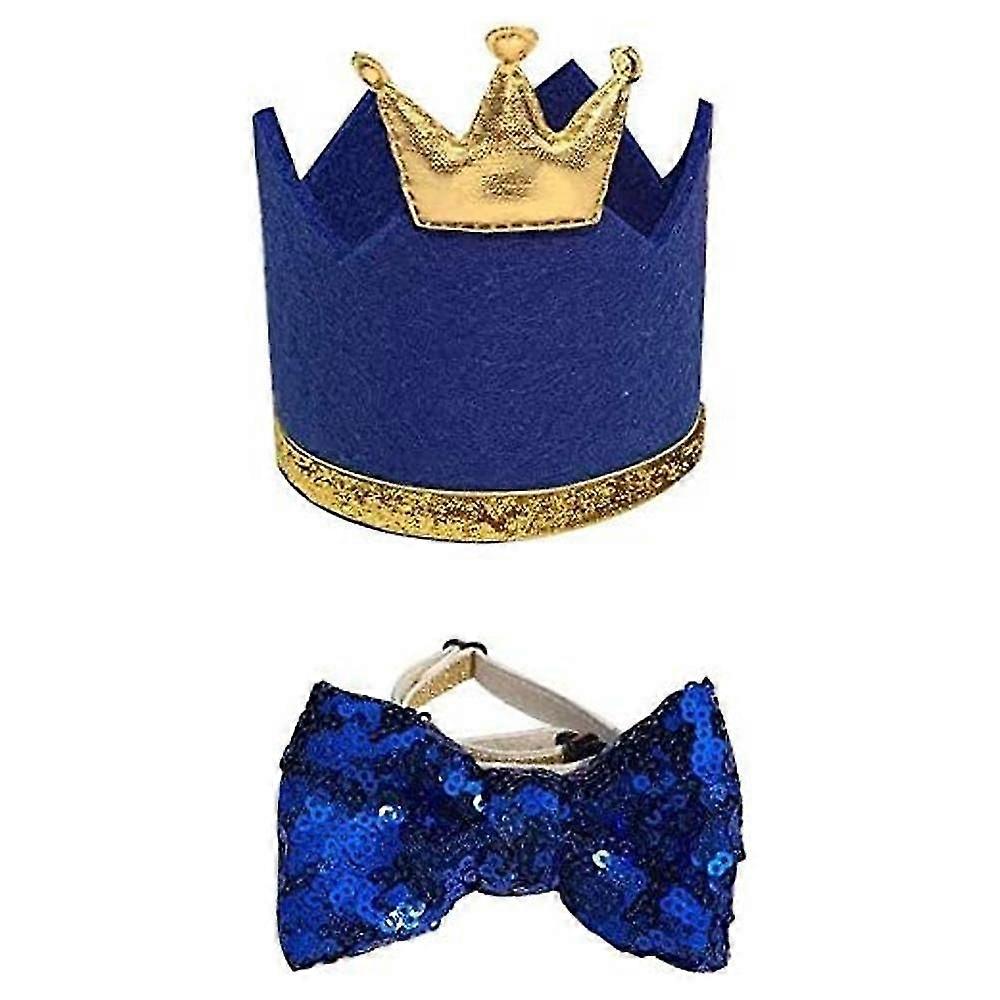Pet Cute Birthday Party Crown Hat And Blingbling Tie Collar Set With Adjustable Elastic Headband And Crown Topper
