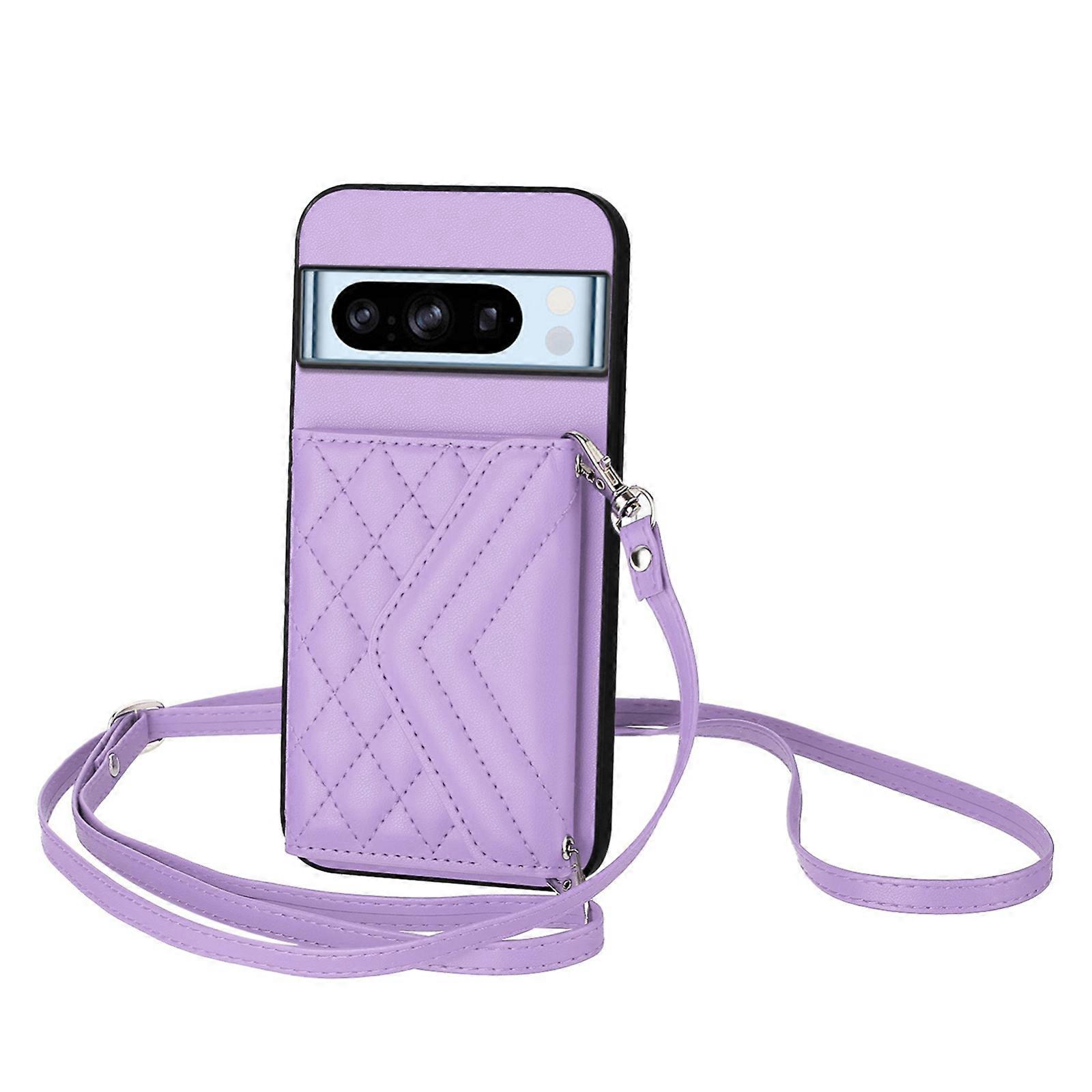 Rhombic Texture Card Bag RFID Phone Case with Long Lanyard