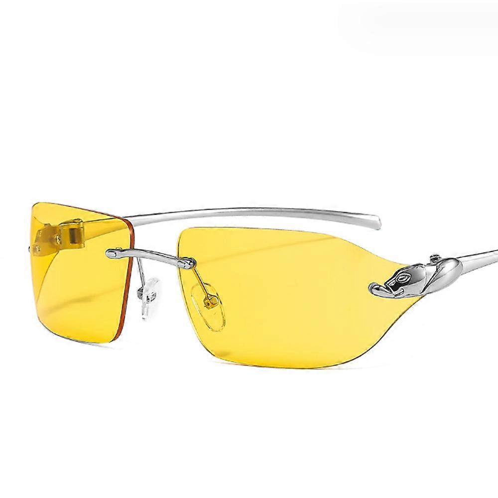 Women's frameless sunglasses with tinted rectangular lenses, metal frame, diamond cut