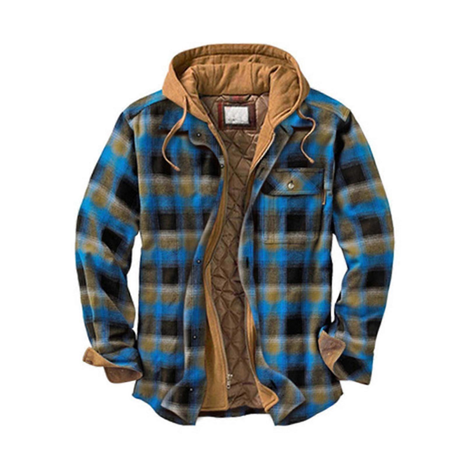 Warme gesteppte gefütterte Baumwolljacken für Herren mit Kapuze Button-Down-Reißverschluss Langarm Plaid