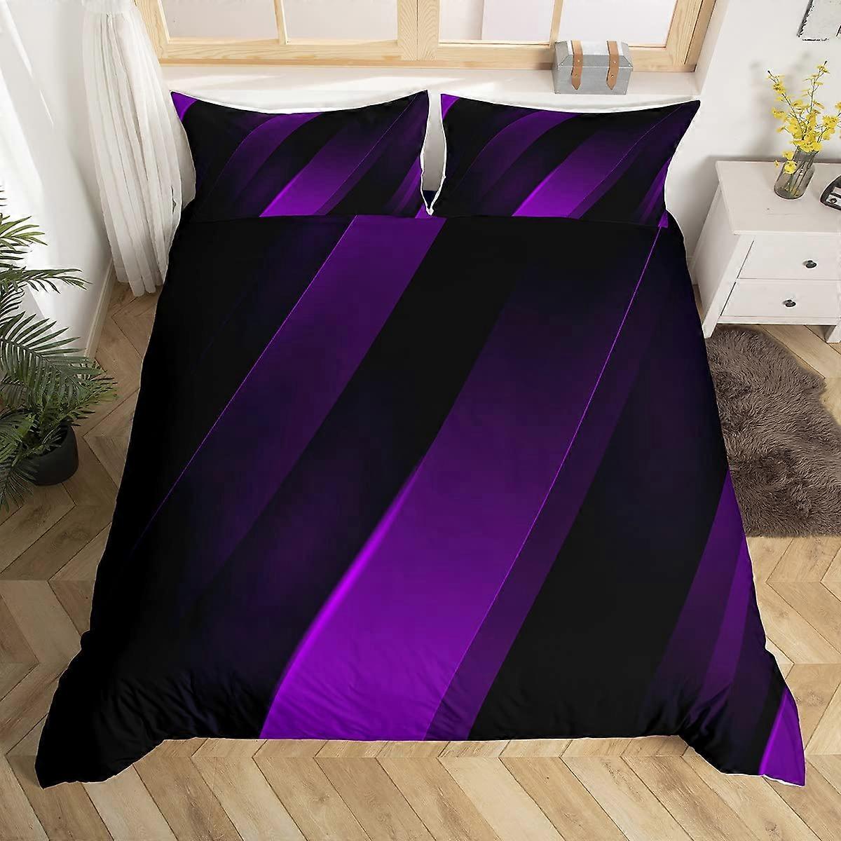 Purple Black Stripes Geometric Abstract Lines Art Modern Technology Breathable Decorative Duvet Cover for Teens Queen Size
