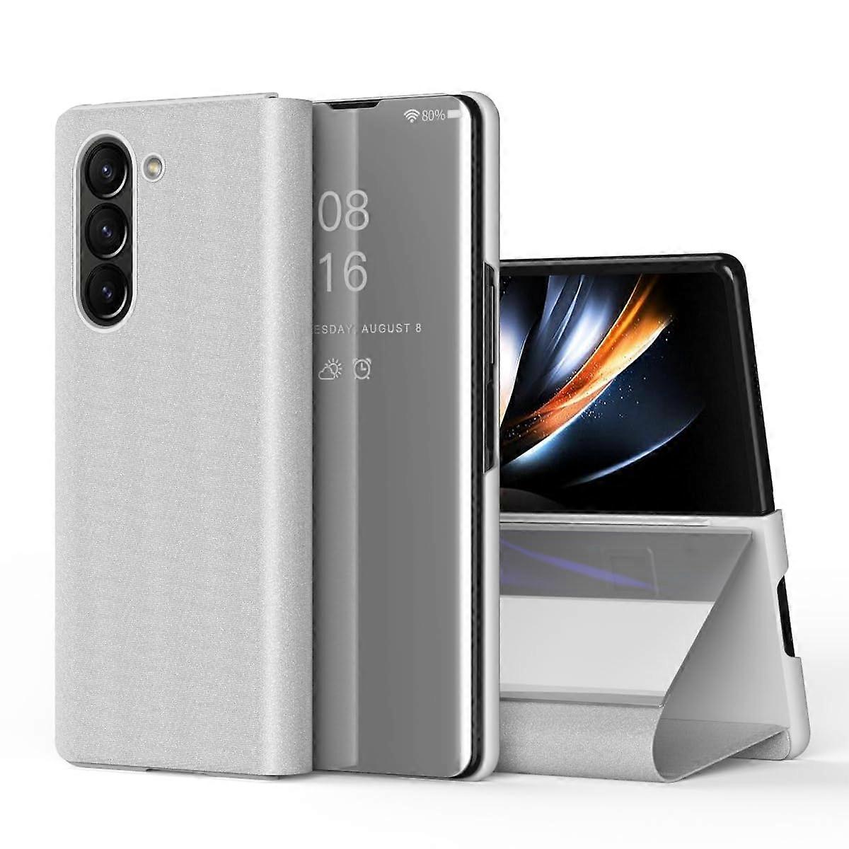 Case for Samsung Galaxy Z Fold 6 - Silver Clear View Mirror Leather Flip Case with Kickstand, Luxury Bookstyle Design