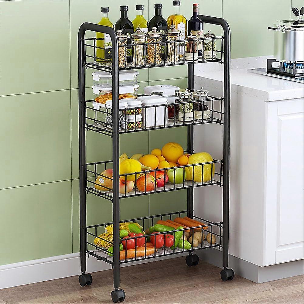 4Tier Storage Cart Wire Slim Shelving Shelf with for Wheels Small Spaces, Rolling Tall Organizer (Black)
