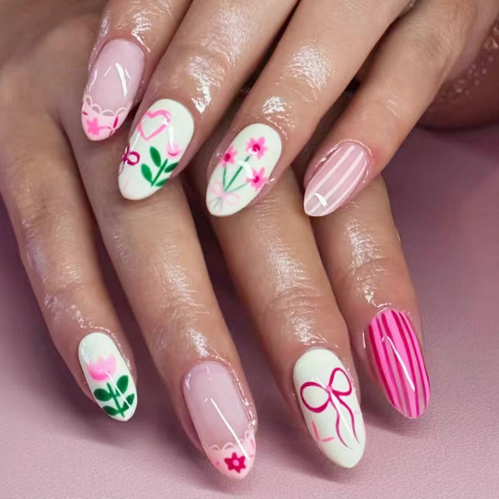 ネイルフラワーの24ピースアーモンドプレスフレンチフェイクネイルアクリル偽のネイル、レディースガールズのためのネイルの人工ネイル接着剤