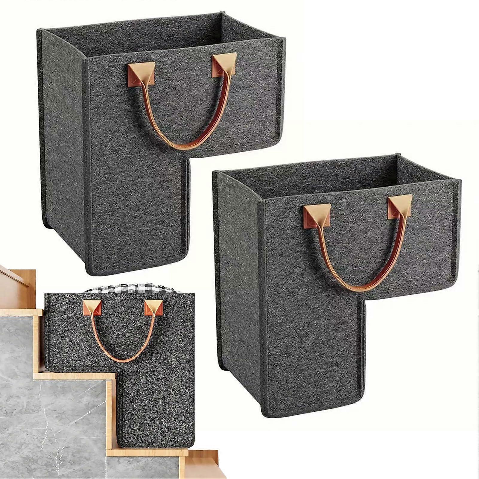 Pack of 2 Foldable Felt Stair Baskets with Faux Leather Handles