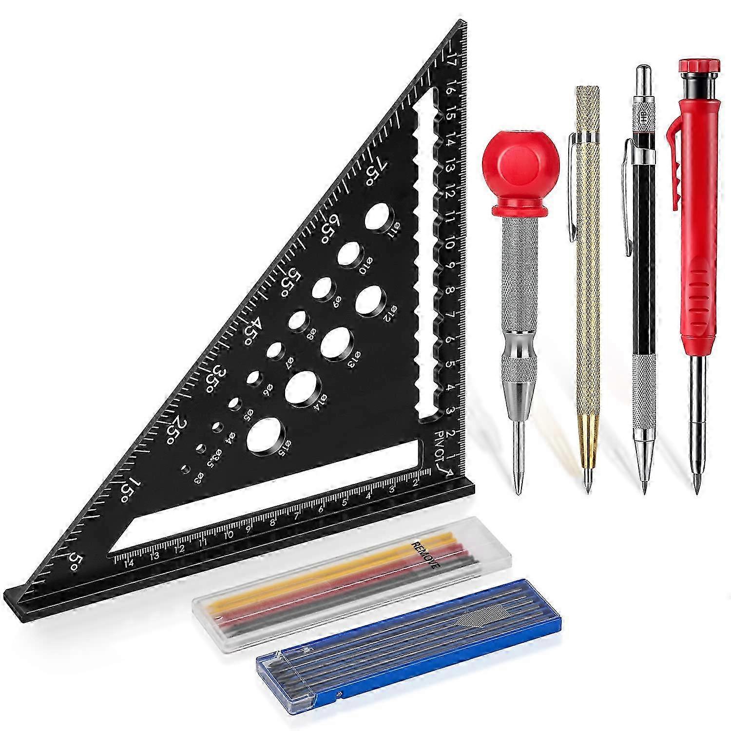 Multifunctional Carpenter's Square 180 mm with Metal Pencil, Protractor Ruler for 45 to 90 Degrees, Ideal Carpentry Tools for Various Projec