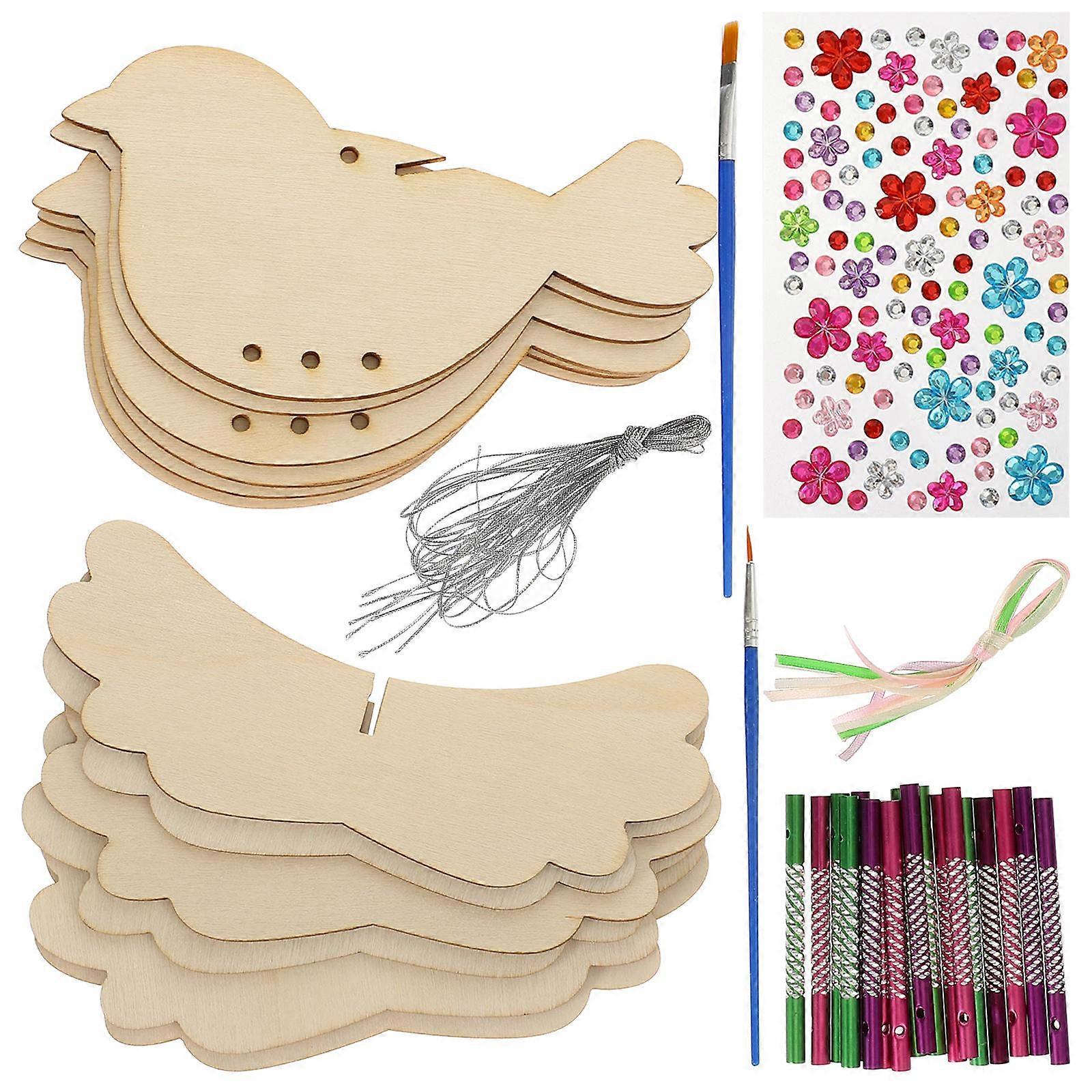 1 Set DIY Wooden Wind Chime Craft Kit with Unfinished Cartoon Animal Cutouts for Balcony Decoration – Includes Birds, Rods for Creative Crafts and