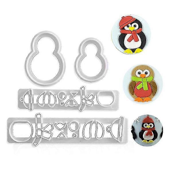 4 cookie cutters: penguin, snowman, marzipan shapes.