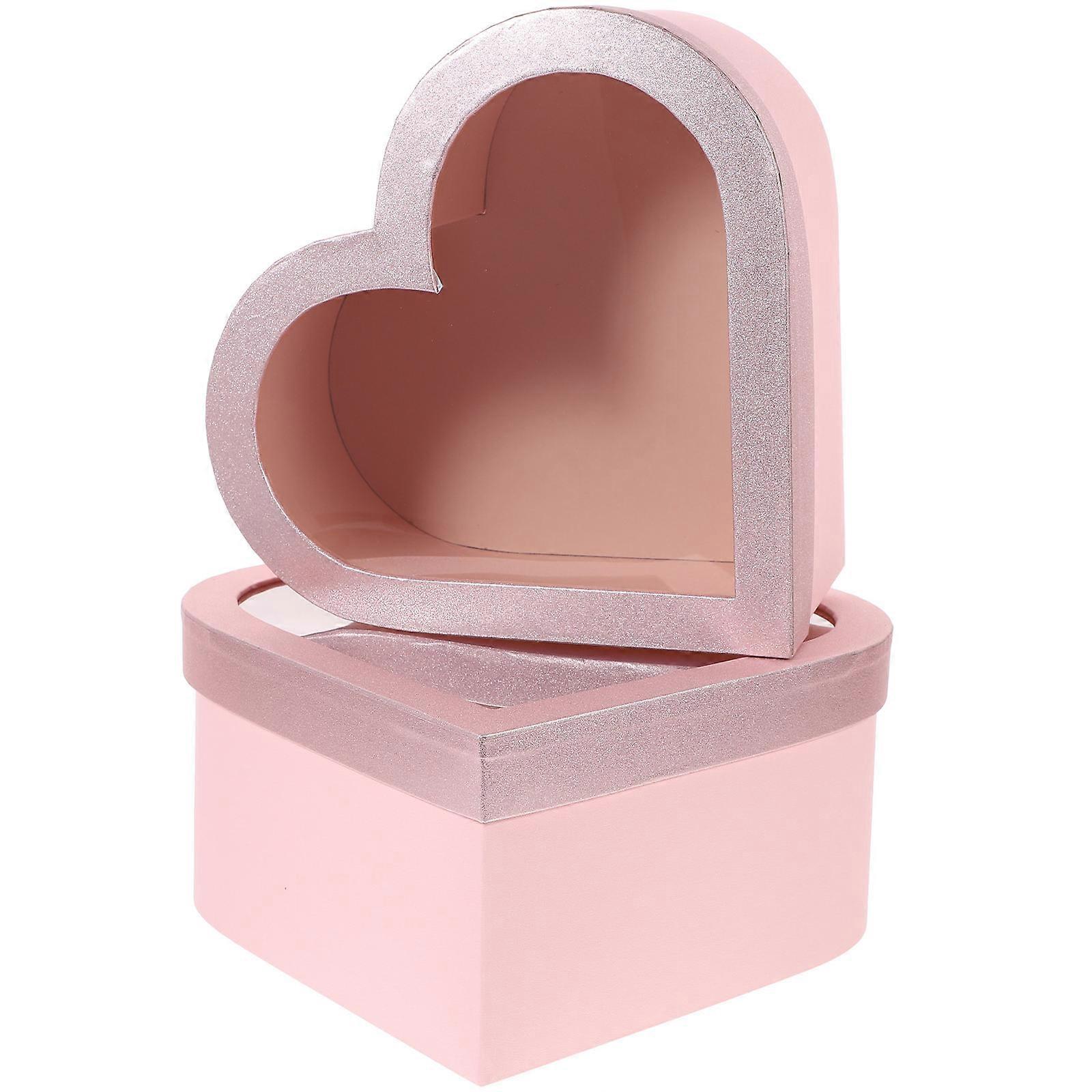 Heart Shaped Flower Gift Box for Valentine's of Paper in Pink Color with Transparent Window Design 2 Pieces