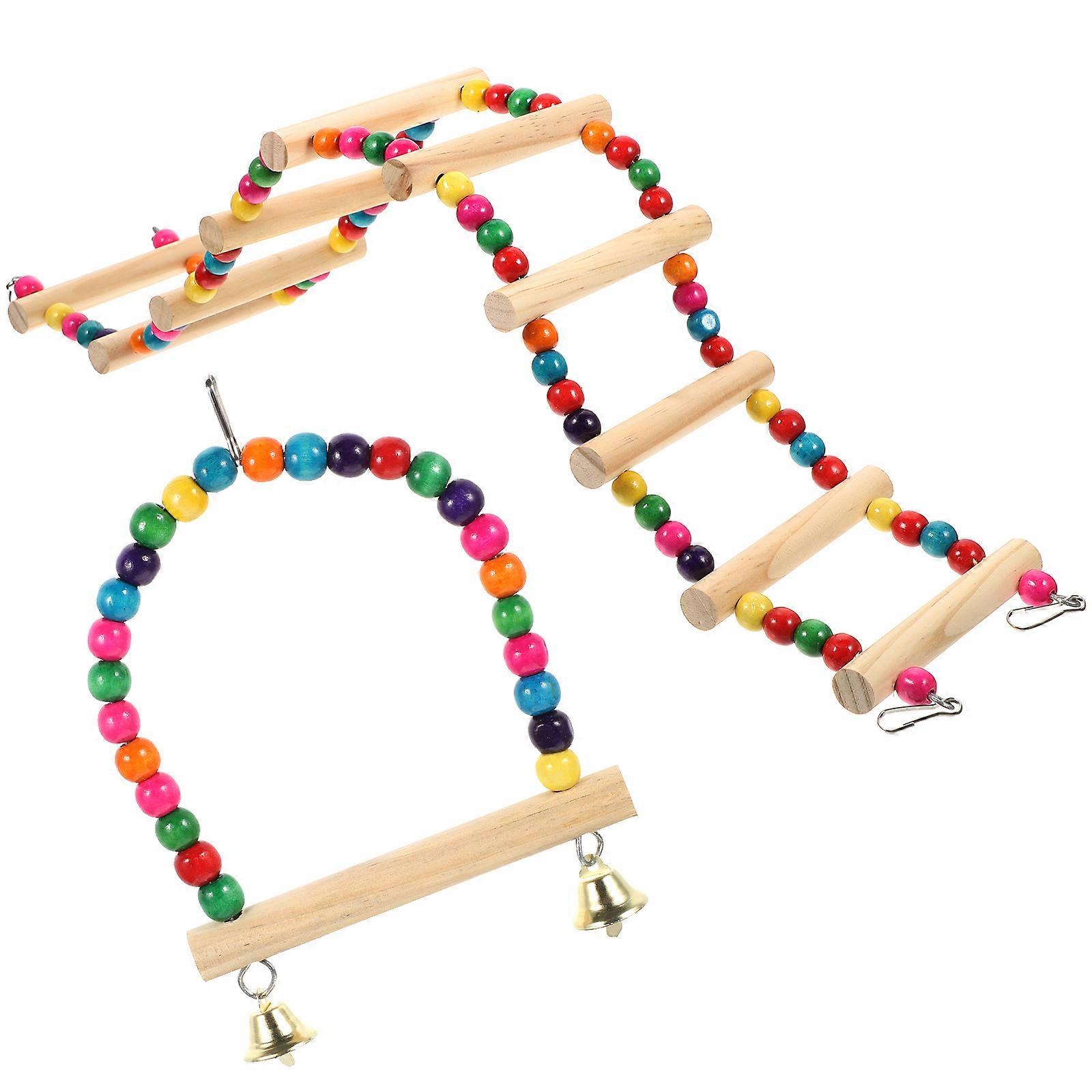Wooden Bird Perch Ladder with Swing – Natural Chewing Accessory for Parrots and Conures to Enhance Cage Activity and Skill Development