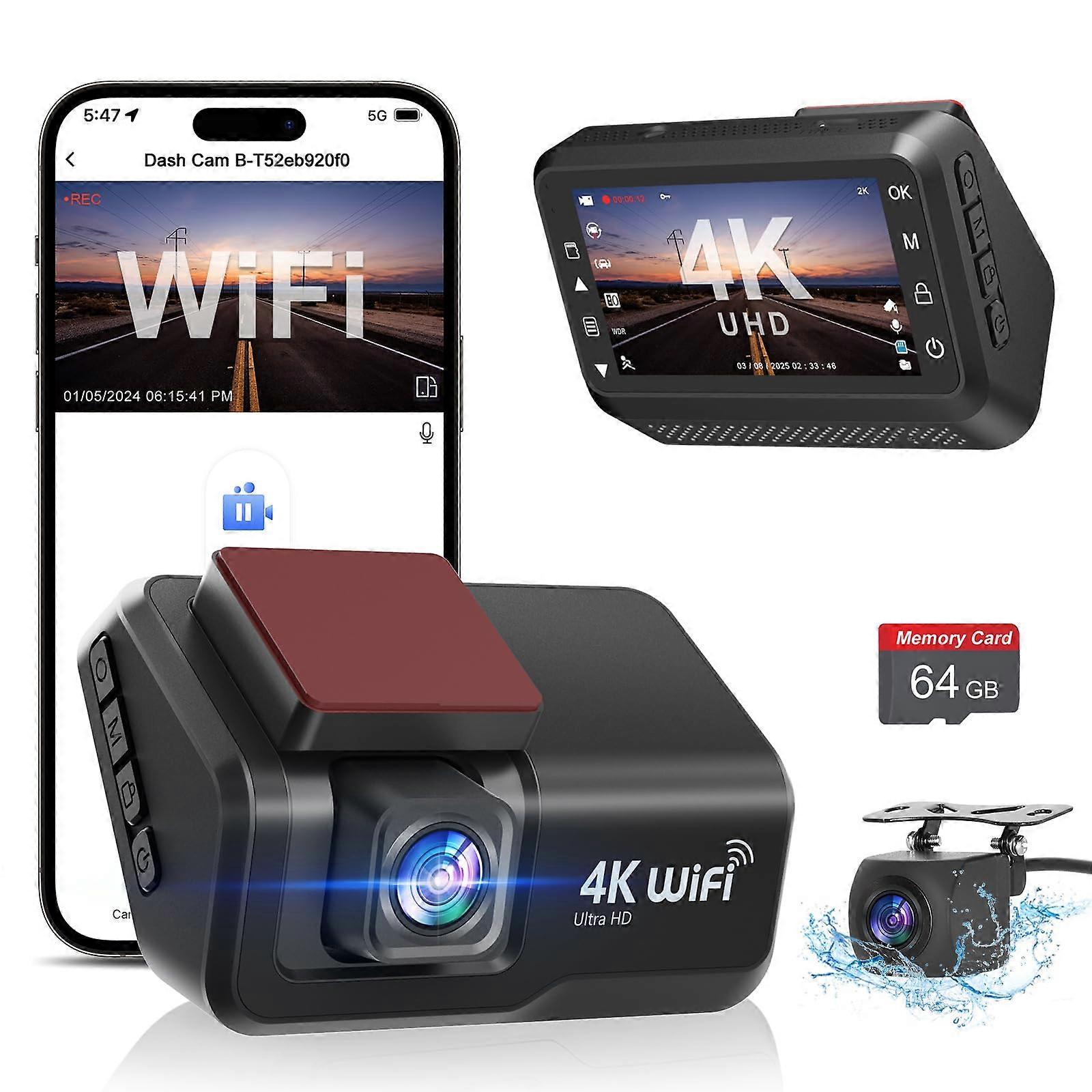 4K+1080P WiFi Driving Recorder with 3-inch IPS Screen and 64GB Memory Card for Parking Monitoring