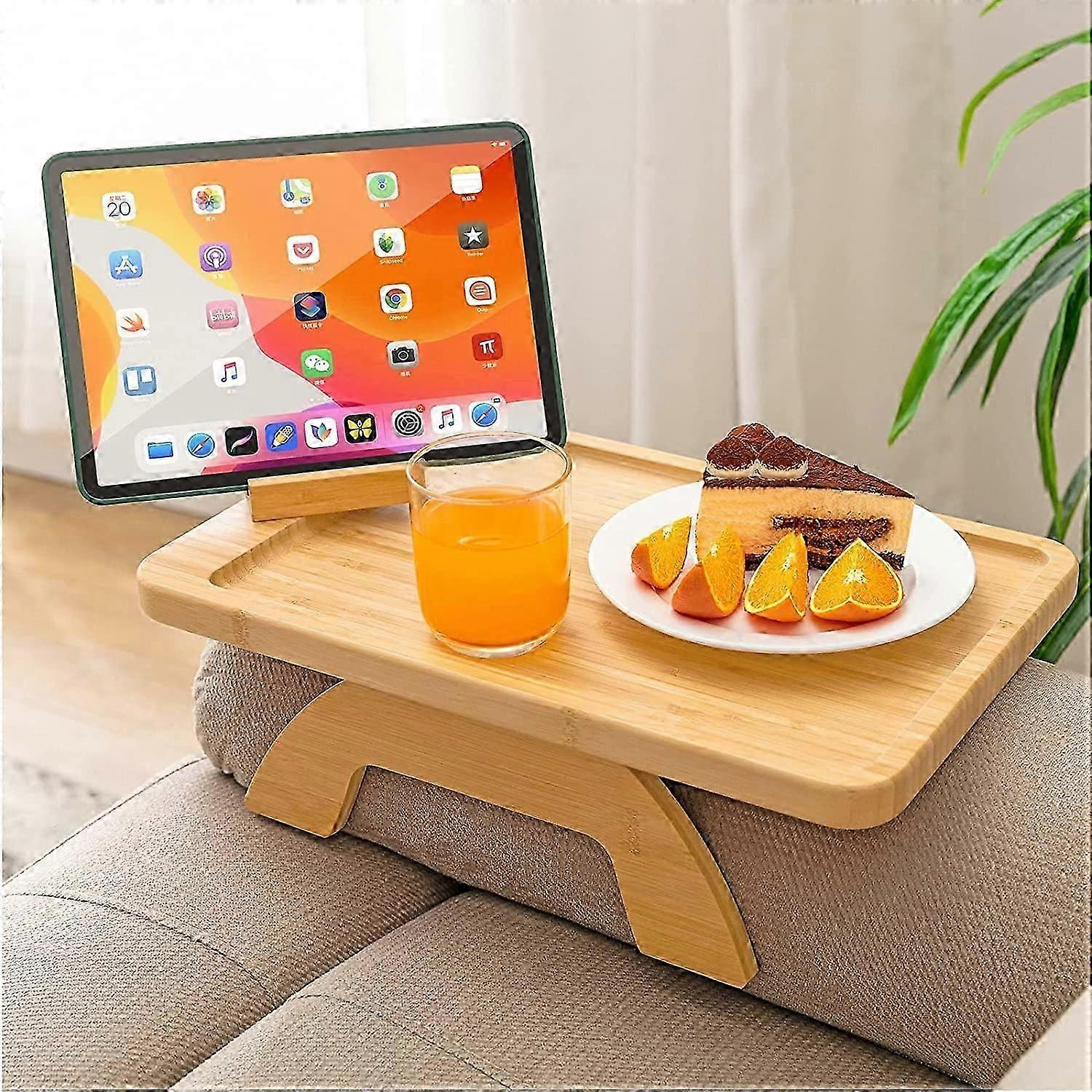 Bamboo Sofa Arm Tray Table With Rotating Mobile Holder