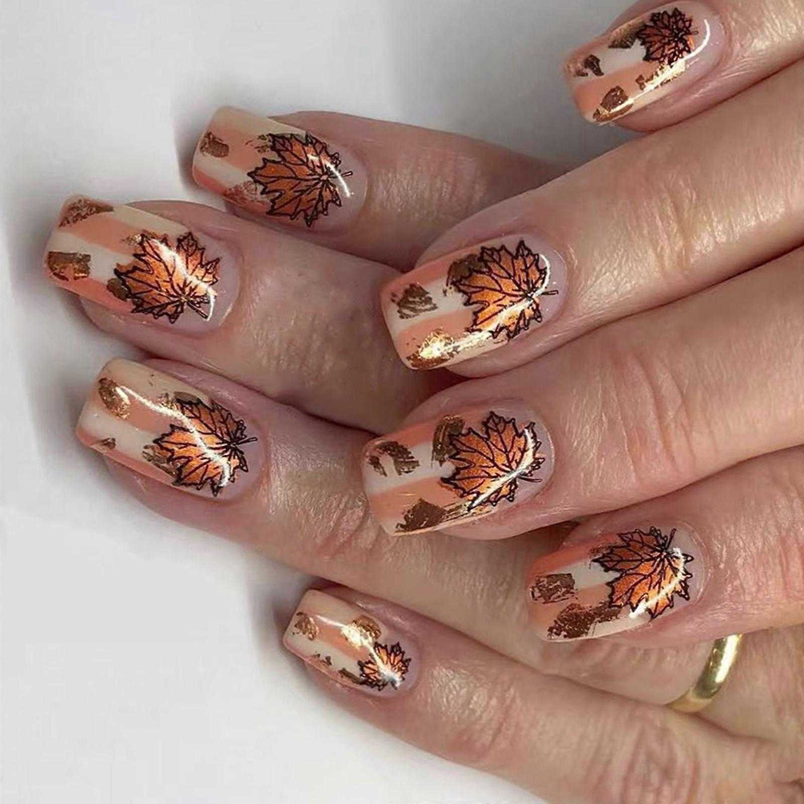 Gold Foil Maple Leaf Artificial Nail Tips Rectangular Artificial Fingernails Press on Tips 24Pcs Not Need Equipment Multicolor