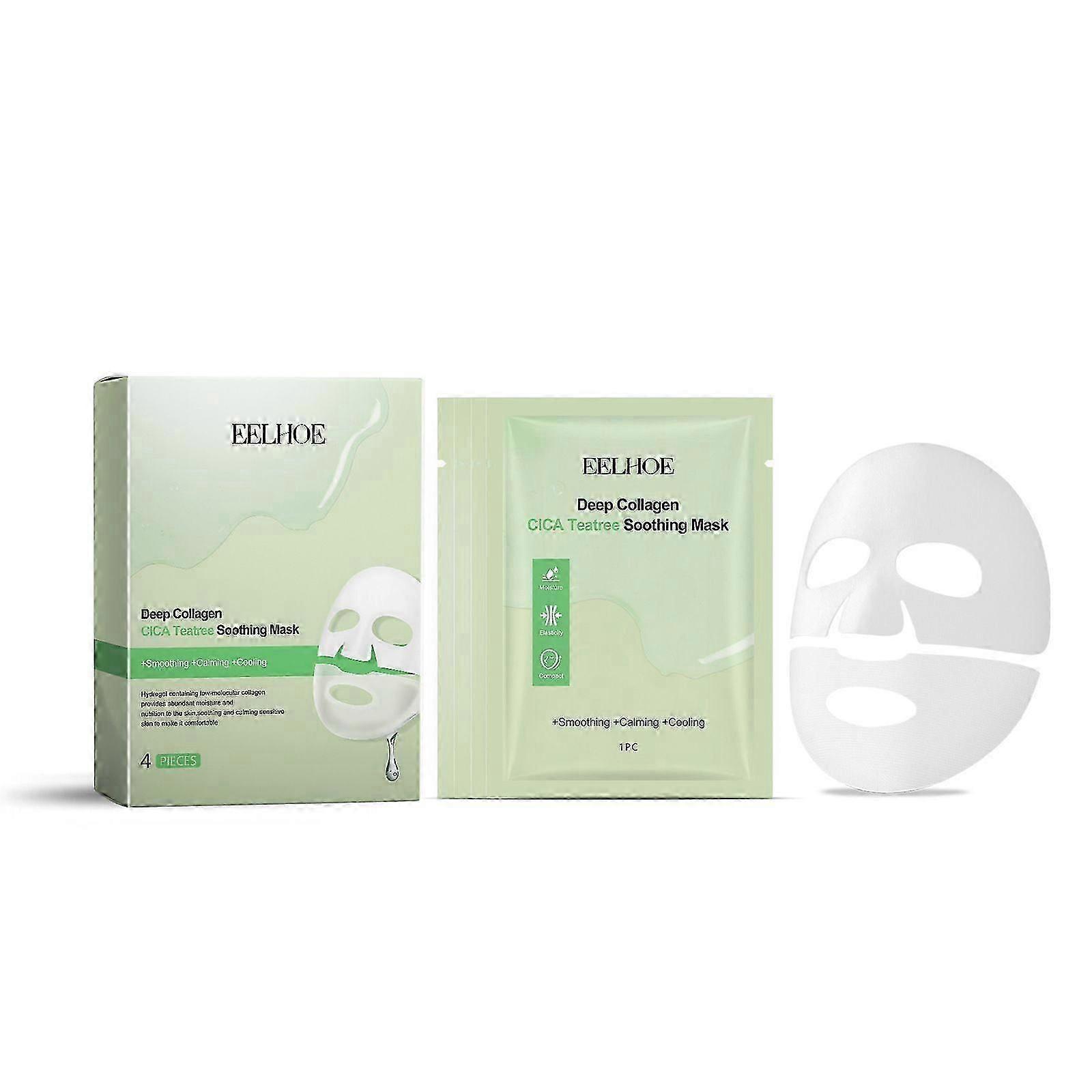 4-Piece Collagen & CICA Soothing Face Mask Set with Hyaluronic Acid & Tea Tree | Deep Hydration, Skin Tightening & Redness Relief | Calming Mask for S