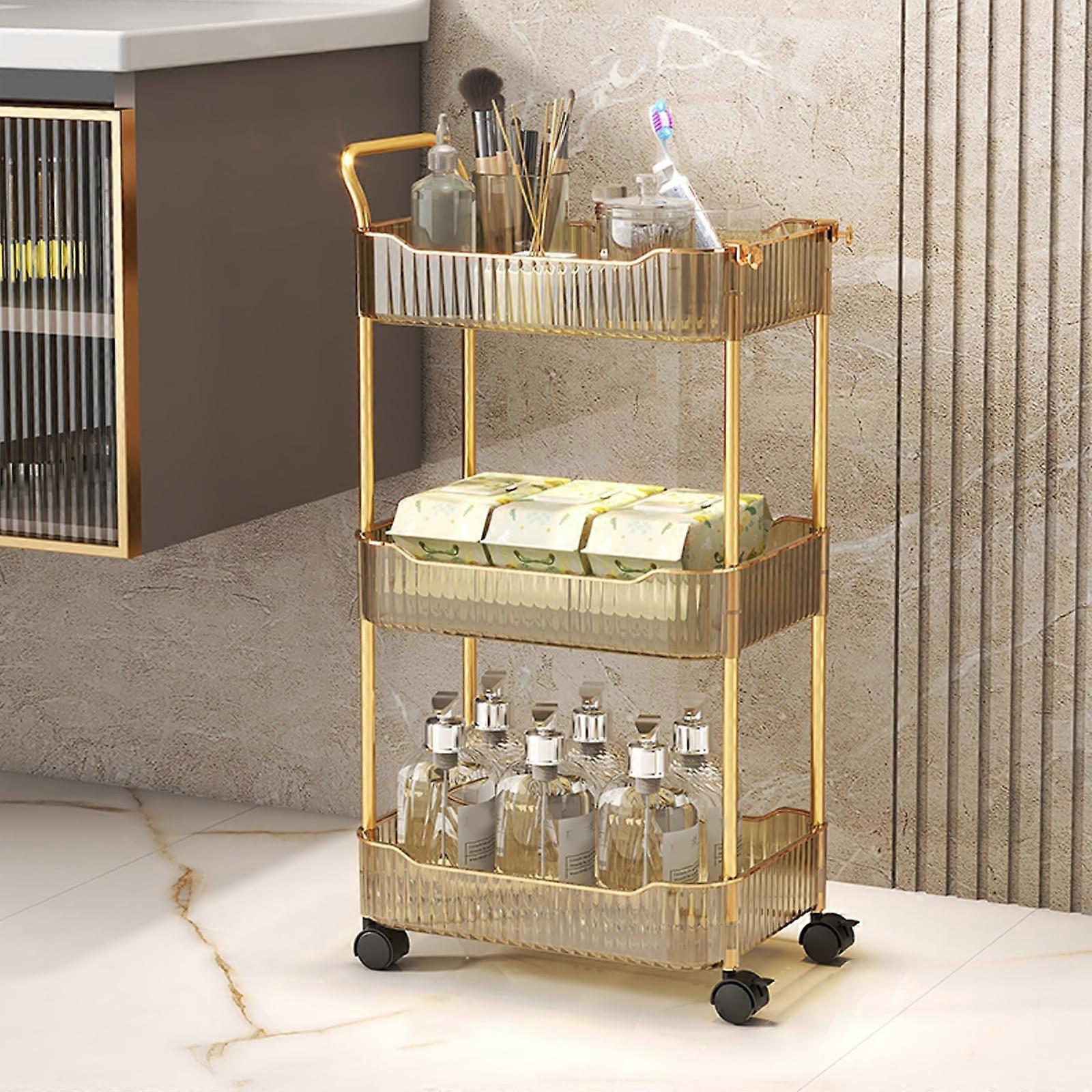 Acrylic Storage Trolley 3Tier Gold Rolling Cart For Bathroom And Kitchen With Handle And Lockable Wheels
