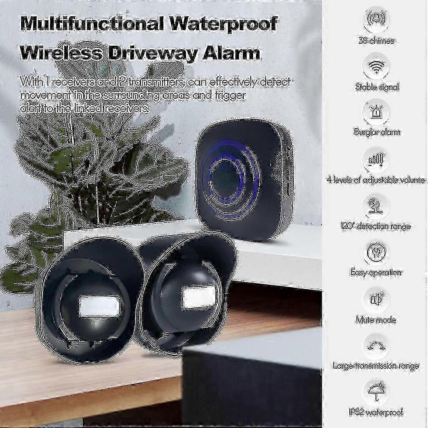 Wireless Driveway Alarm Waterproof Outdoor Motion Sensor Alarm 1 Receiver 2 Transmitters With 38 Chimes 200m/ 656ft Transmissio