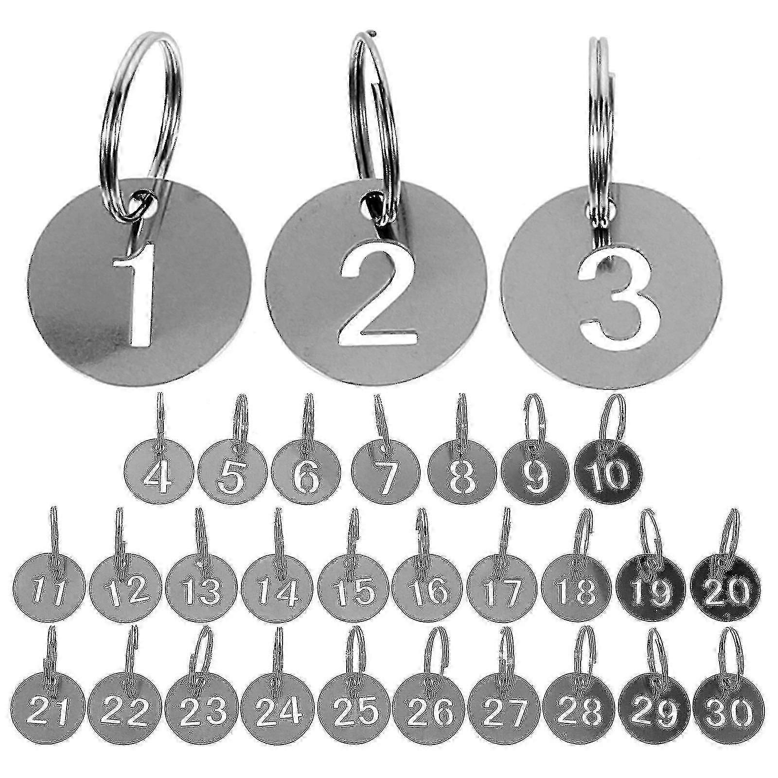 30Pcs Number ID Tags Key Chain Stainless Steel Numbered 1-30 Tags Round Shaped Numbered Tagsm