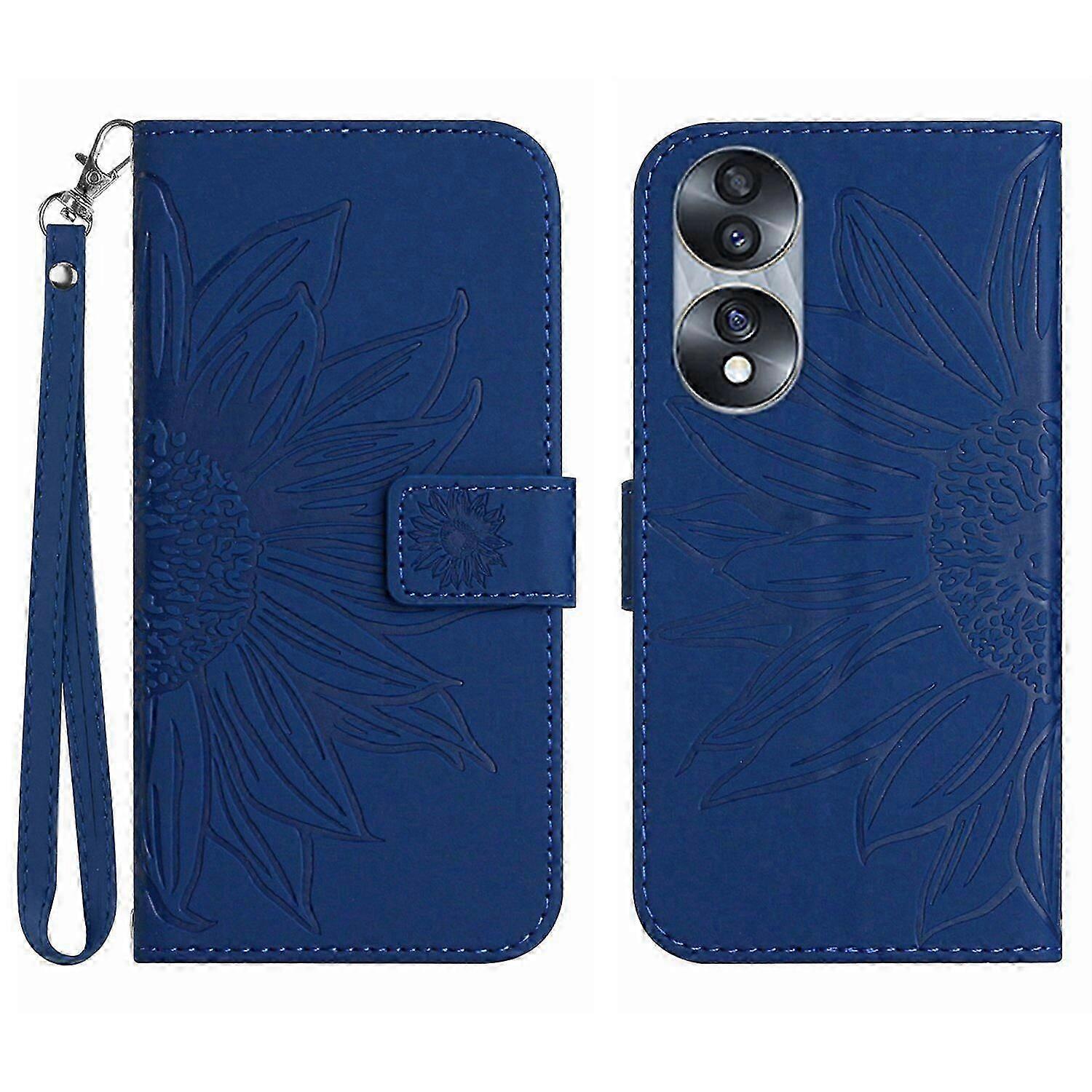 Compatible With Honor 70 Embossed Sunflower with Diamonds Magnetic Card Holder Wallet Phone Case with Short Strap