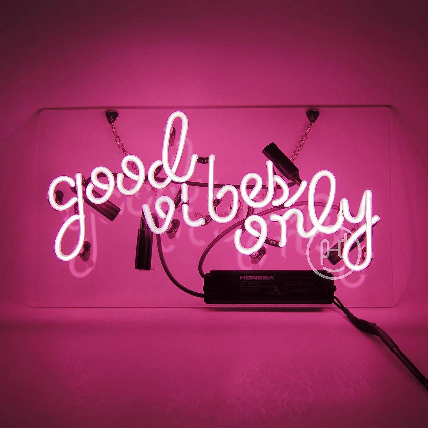 Good Vibes Only Glass Neon Sign Light Man Cave Party Wall Hanging Artwork Nightlight 14"x9" Pink Color