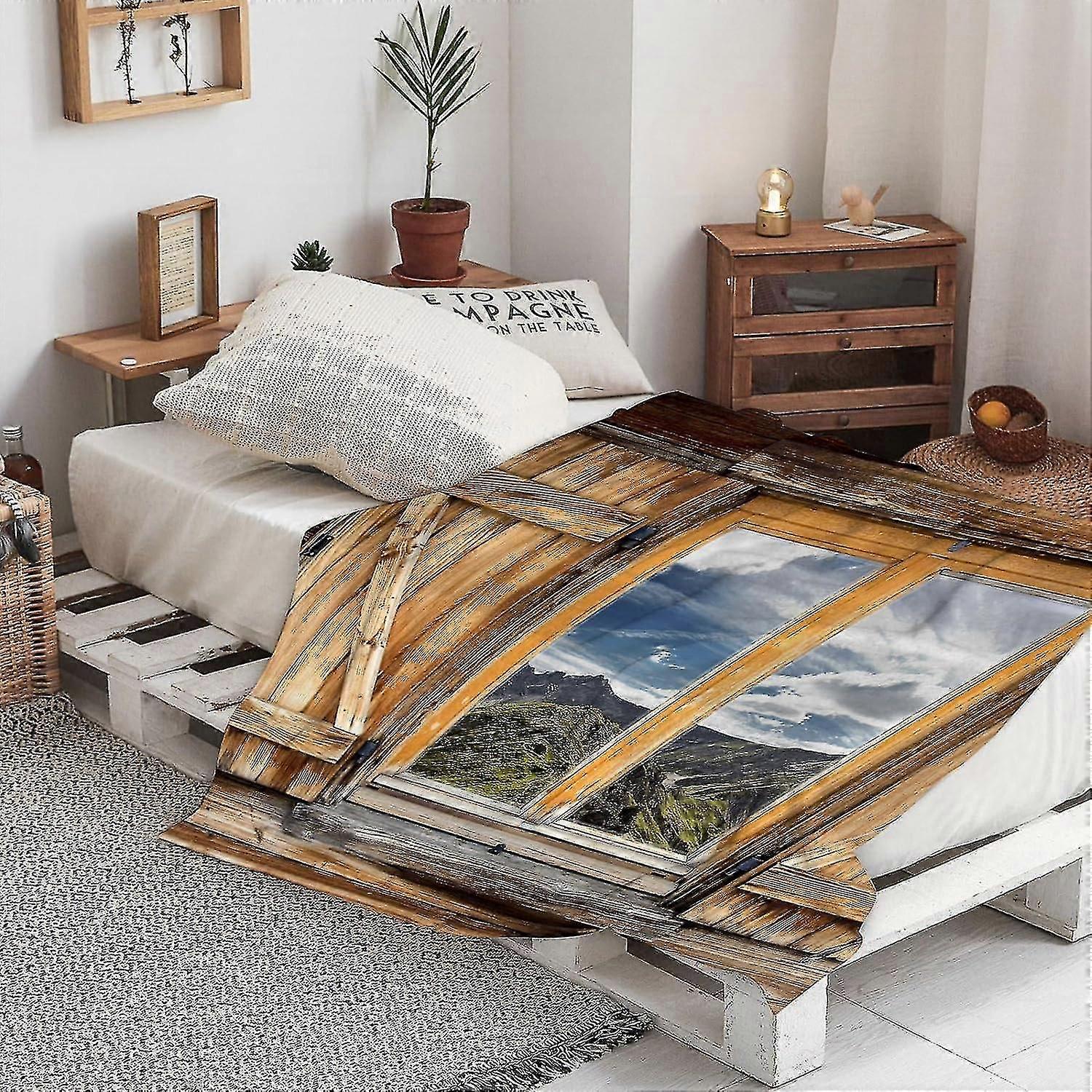 Cobertor quente e macio com fachada desgastada de uma cabana na montanha com reflexos de verão nas montanhas, cobertor quente para sofá-cama no inverno, cobertor para piquenique