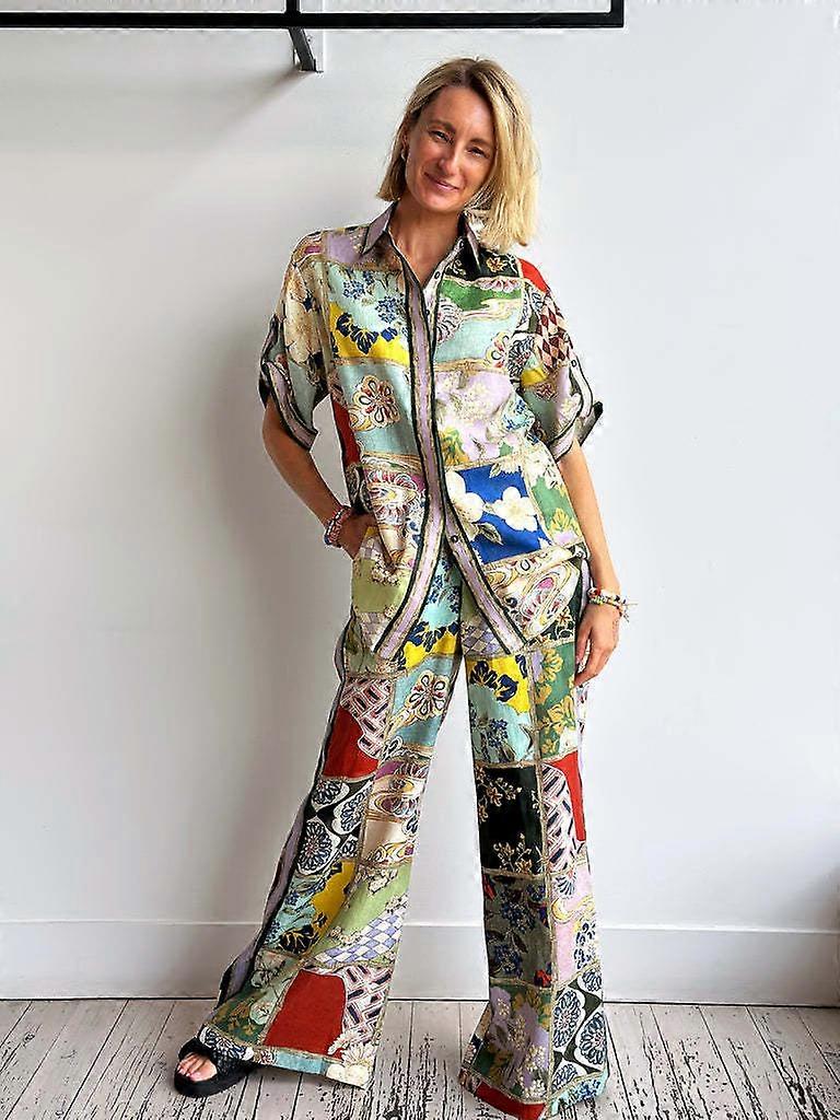 Printed short-sleeved color-blocked holiday casual drawstring suit