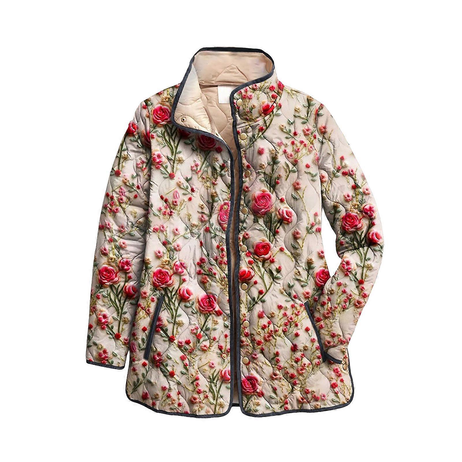 Women's Floral Printed Quilted Puffer Button Open Front Coat Fall Winter Outwear with Pockets  Red XL