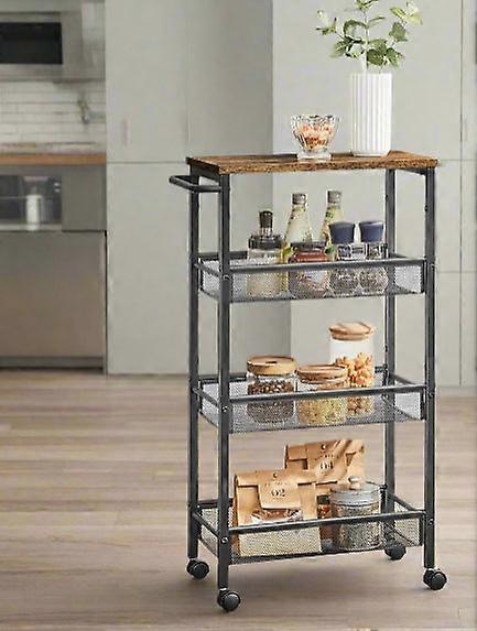 Slim 4-shelf Rolling Trolley, Space-saving Kitchen Cart With Wheels, Rustic Brown And Black