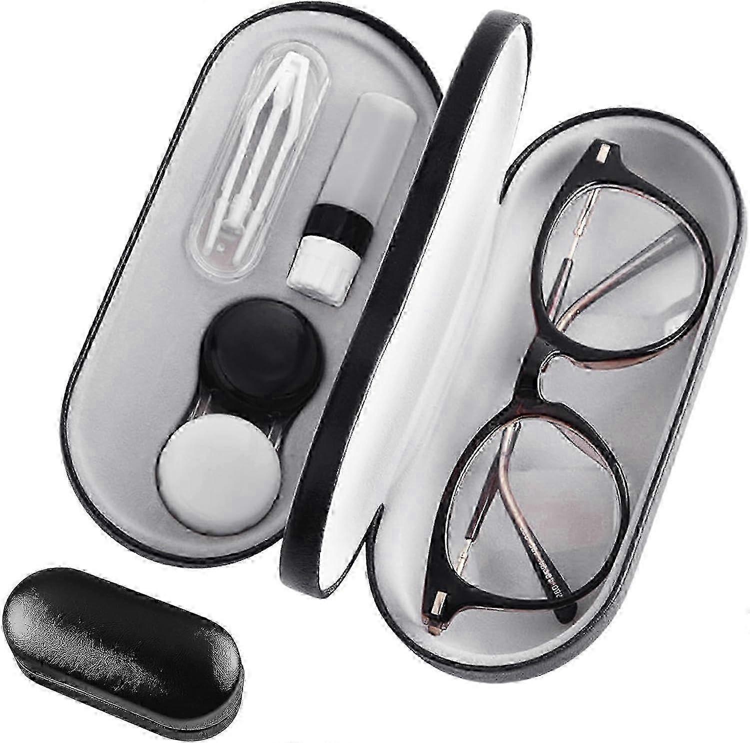 The 2 in 1 Double-Sided Portable Contact Lens case and Glasses case Features a Dual-use Design with a Built-in Mirror, tweezer, and Contact Solut