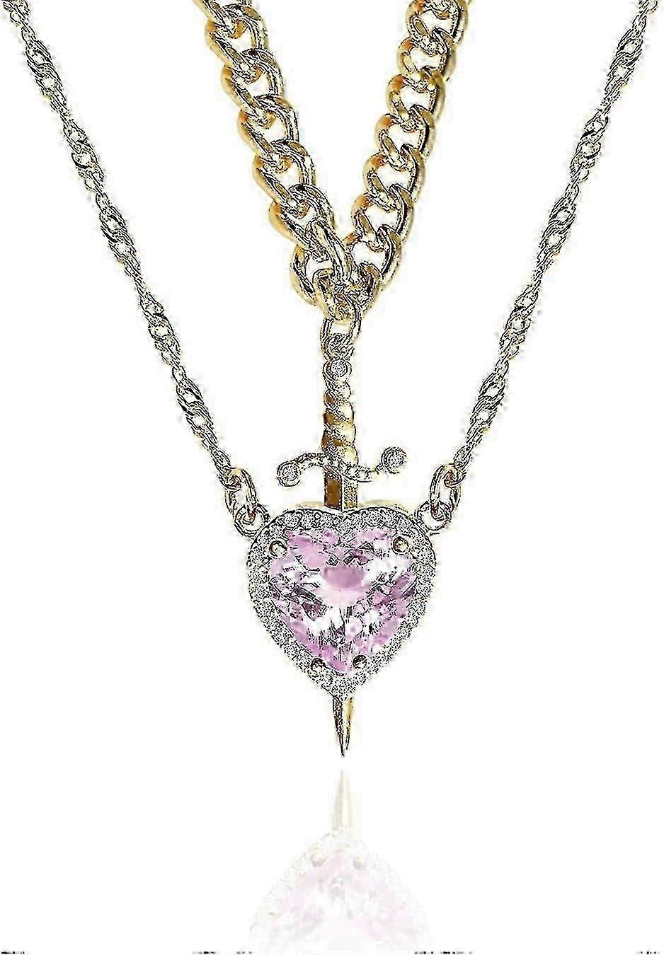 Náhrdelník so srdcom a mečom v zlatom prevedení z nehrdzavejúcej ocele, moderný dizajn so zladeným vzorom