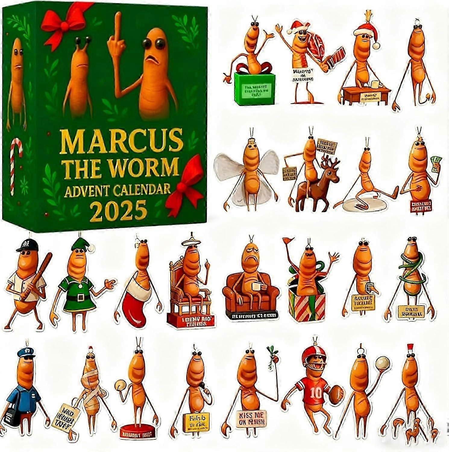 2025 Marcus The Worm Advent Calendar - 24 Unique 2D Acrylic Xmas Tree Hanging Ornaments with Funny Phrases, Bizarre Humor Christmas Countdown Calendar