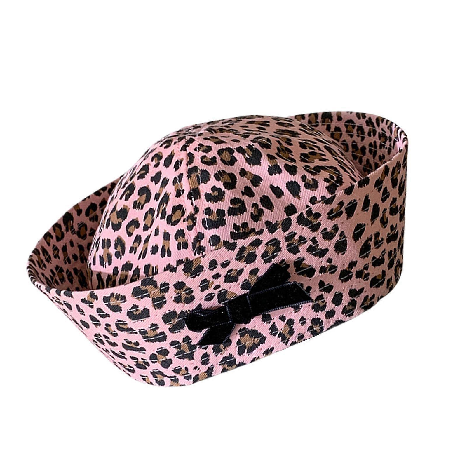 Fashionable Bowknot Fisherman Hat for Women Teens Leopard Print Beret Hat Bucket Hat 2000s Girl Dome Caps for Travel  Pink