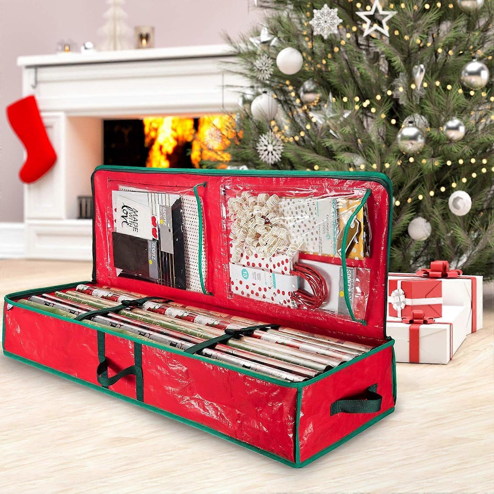 Christmas Ornament Storage Box with Zipper, Red Decorations Organizer with Handles, Dustproof Design