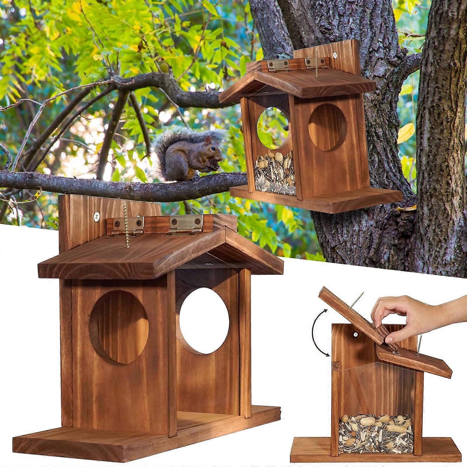Wooden Squirrel Feeder House, Large Capacity Feeding Station for Squirrels & Chipmunks, compatible with corn, for garden/outside