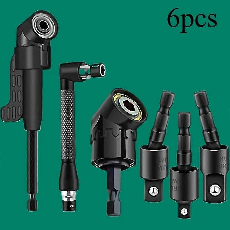 6pcs Right-Angle Drill Bit Accessory Set, Including 3 360�� Rotatable 1/4, 3/8, 1/2 Inch Impact Grade Socket Adapters, 2 105�� Hex Shank Angle