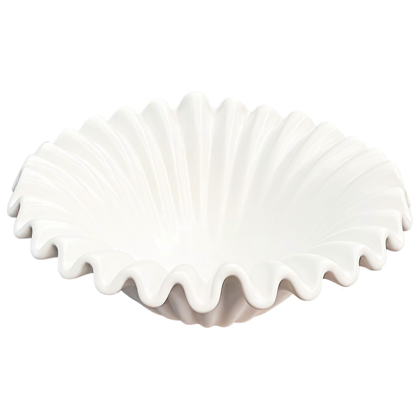 Large White Ceramic Serving Bowl with Wave Edge, 10.1in Decorative Fruit Dish for Modern Kitchen
