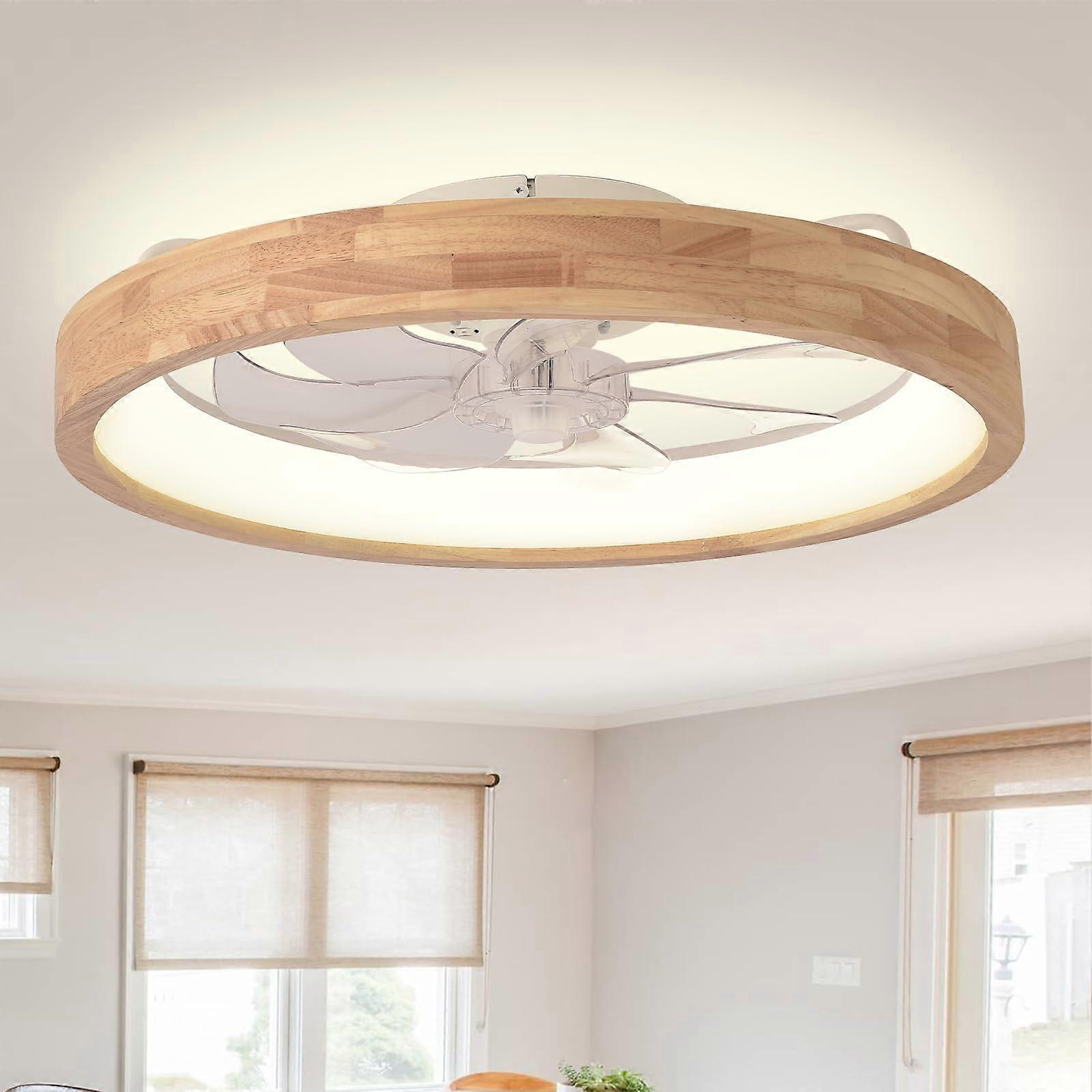 24 Inch Flush Mount Ceiling Fan with Light, Low Profile Wood Design, Remote and Dimmable LED