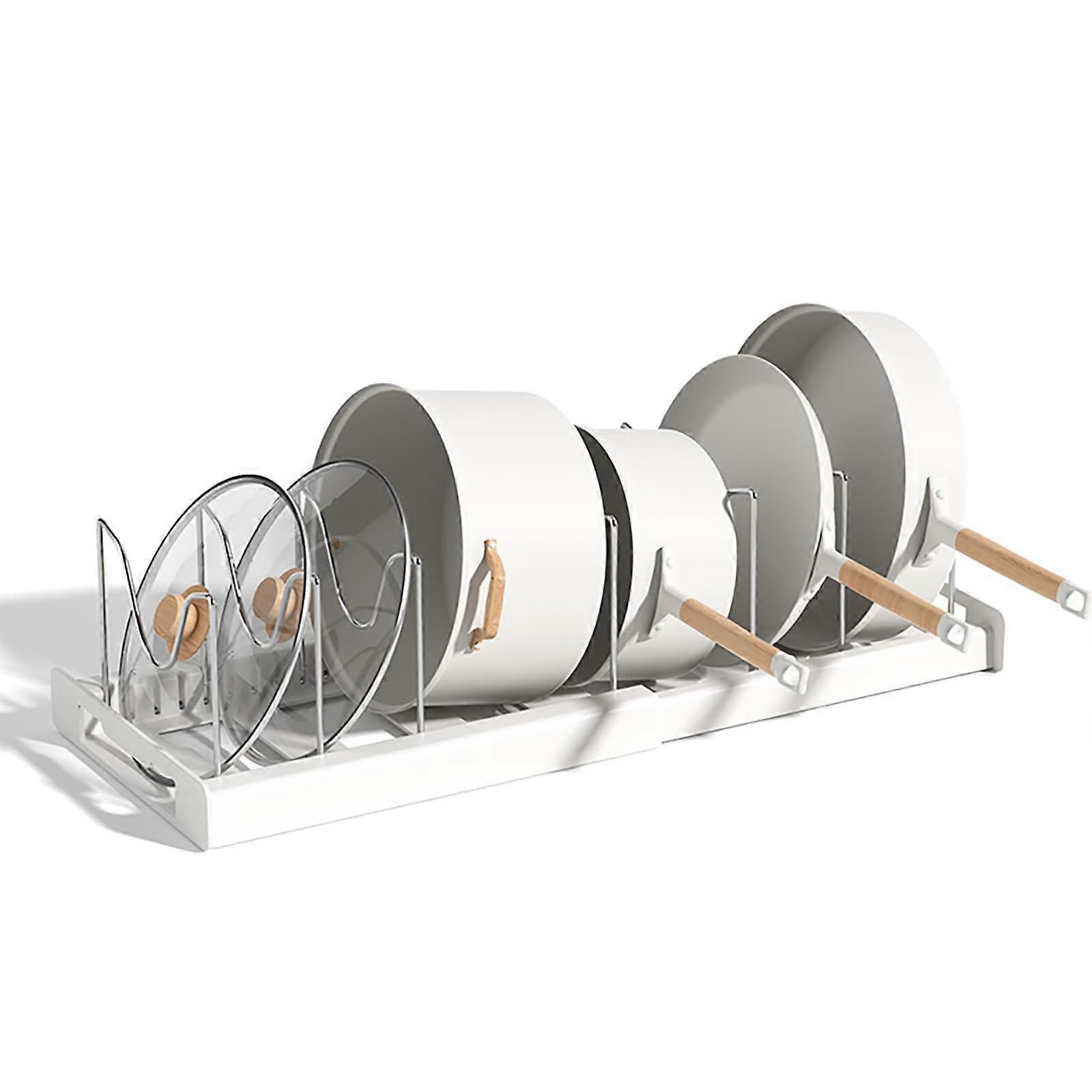 Pan Lid Organizer Rack, Adjustable Expandable Cookware Holder for Pots, Lids, Boards, White
